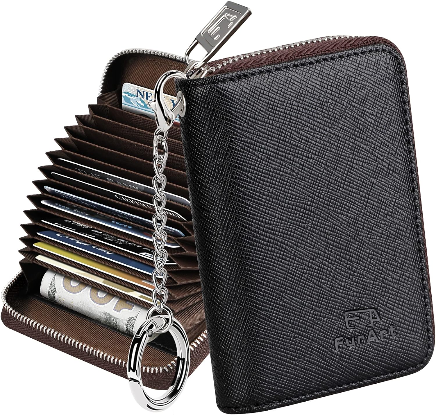 Дамски калъф за карти FurArt, 10.5 x 7.5 x 2.8 см, 15 слота, RFID защита, С ключодържател, Високо качество, Черен