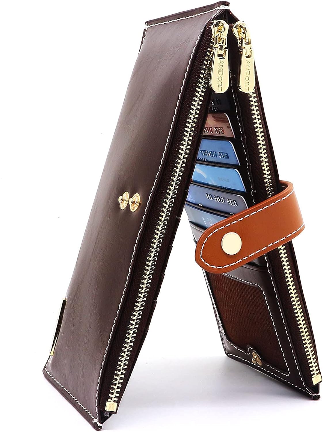 Дамски портфейл Andolit, 100% Естествена кожа, RFID защита, 17 слота за карти, Кафяв