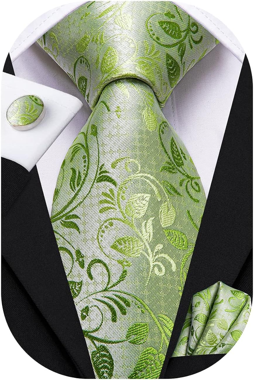 Мъжка вратовръзка Hi-Tie, 150см дължина, 8.5см ширина, 2x копчета за ръкавели, Кърпичка, Високо качество, Зелена