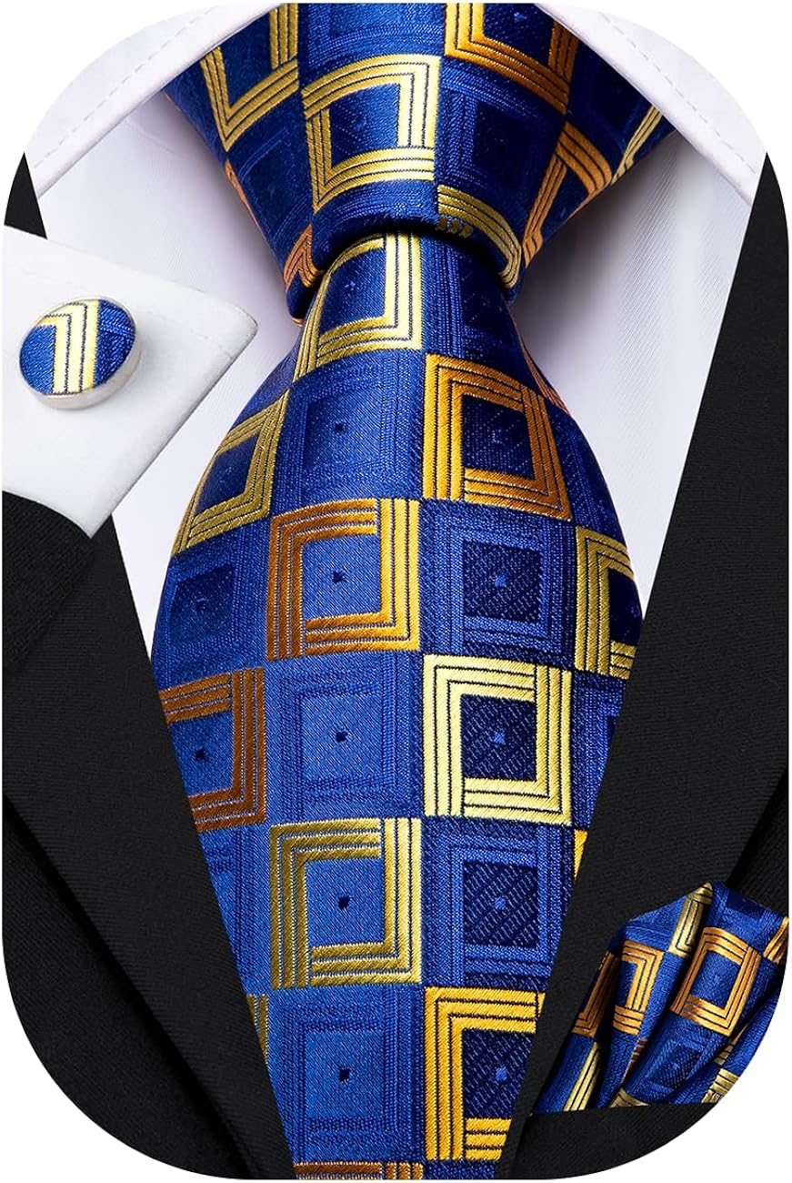 Мъжка вратовръзка Hi-Tie, 150см дължина, 8.5см ширина, 2x копчета за ръкавели, Кърпичка, Високо качество, Синя/Златиста