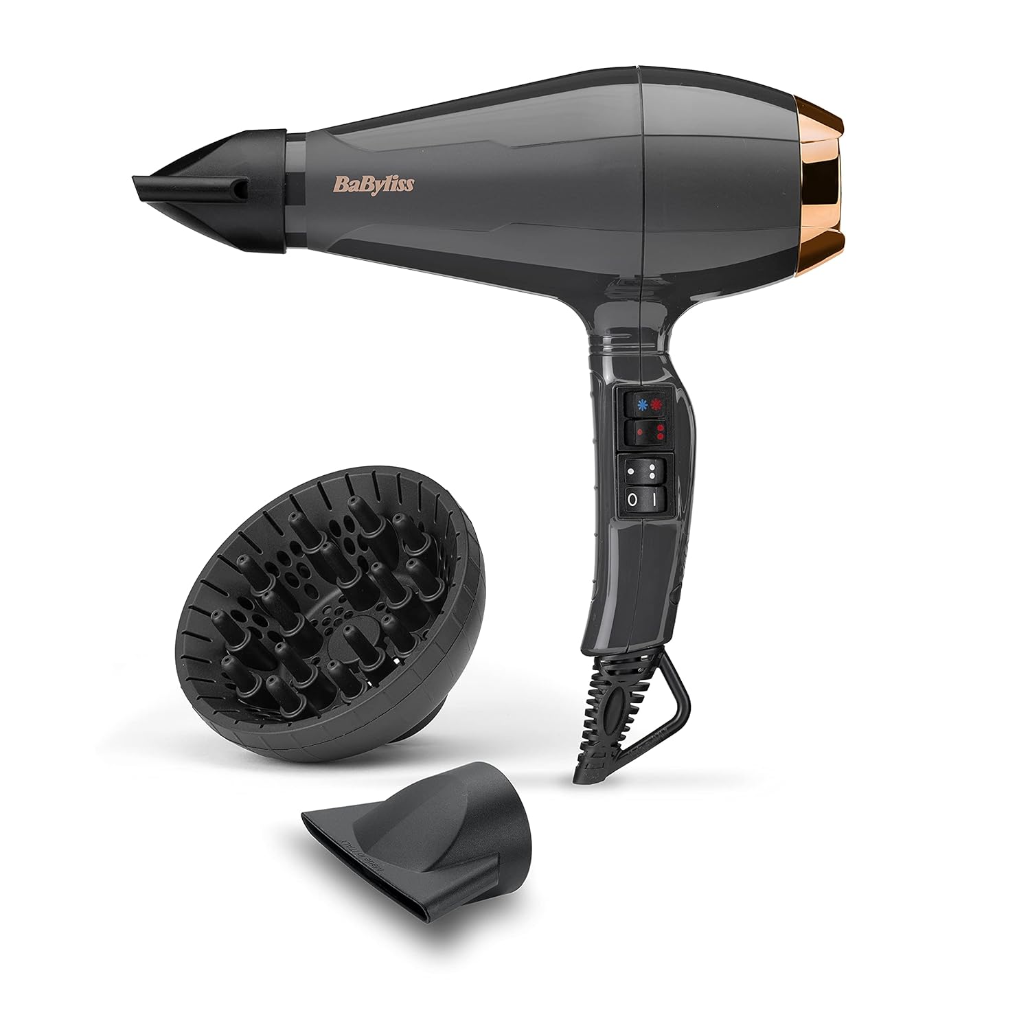 Сешоар BaByliss Italian Air Pro 2200, AC мотор, 2200 W мощност, Йонна технология, Тъмносив/Златист