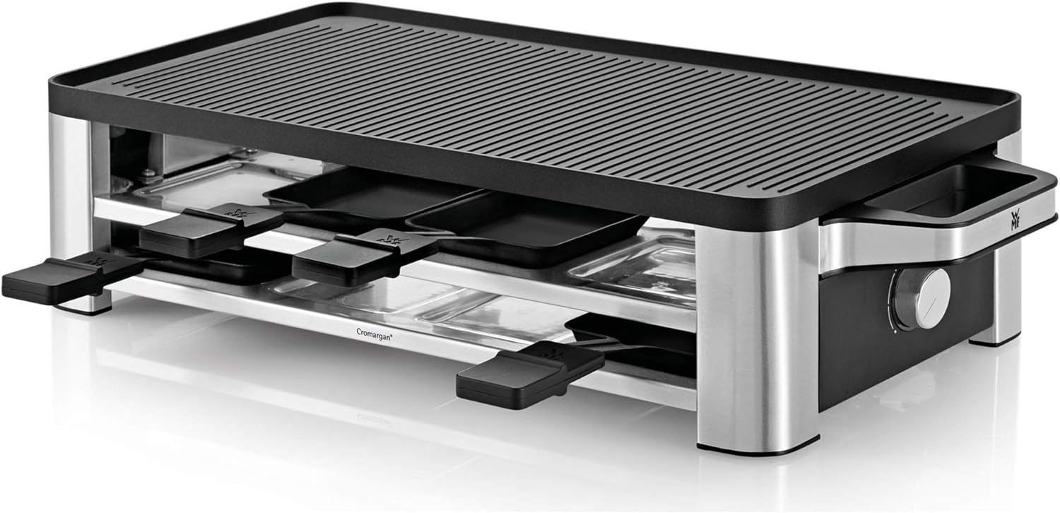 WMF Lono Raclette Grill с тигани и плъзгачи, Раклет за 8 души, 1500 W, матова неръждаема стомана