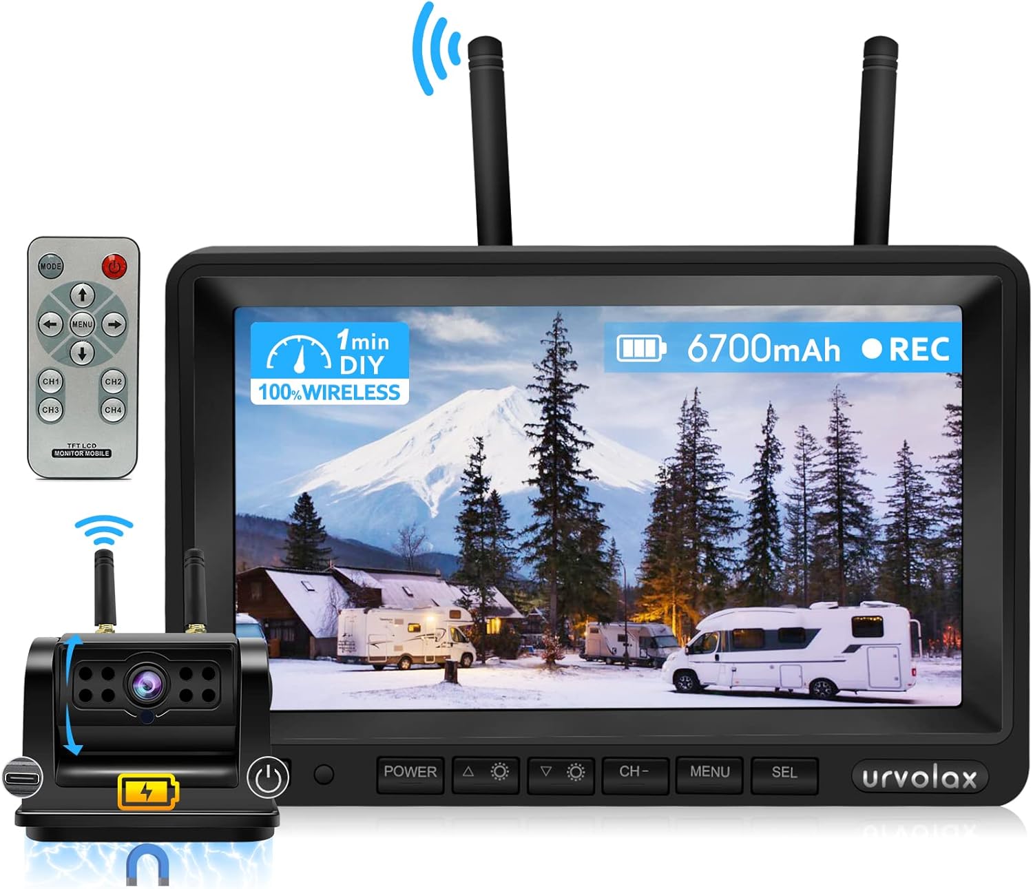 URVOLAX 100% безжична камера за заден ход, акумулаторна батерия 6700 mAh, магнитна камера за заден ход, радио, самостоят...