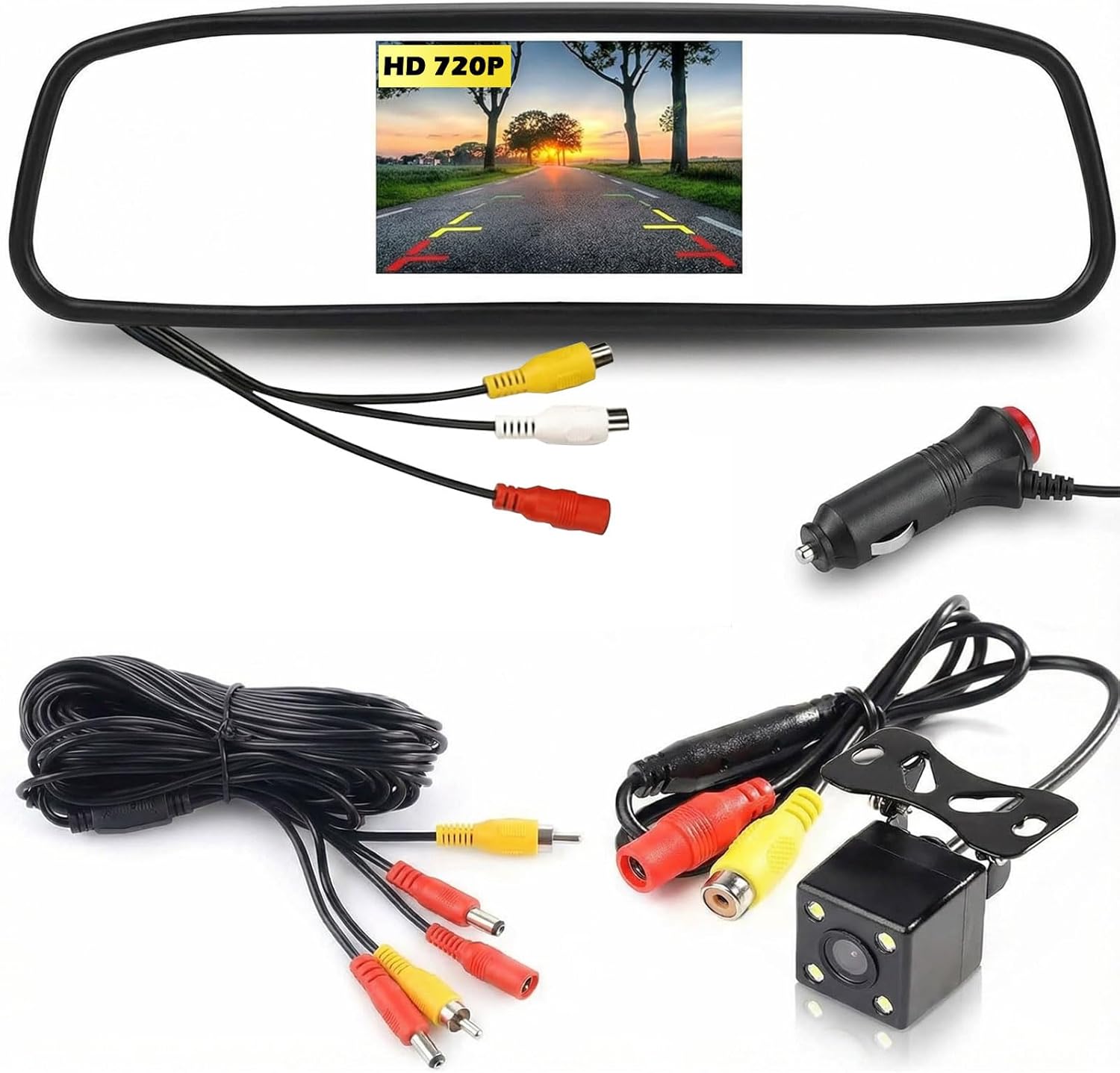 Комплект кабелна камера за заден ход, 4.3-инчов TFT LCD монитор за огледало за обратно виждане, 4 светодиода, водоустойч...