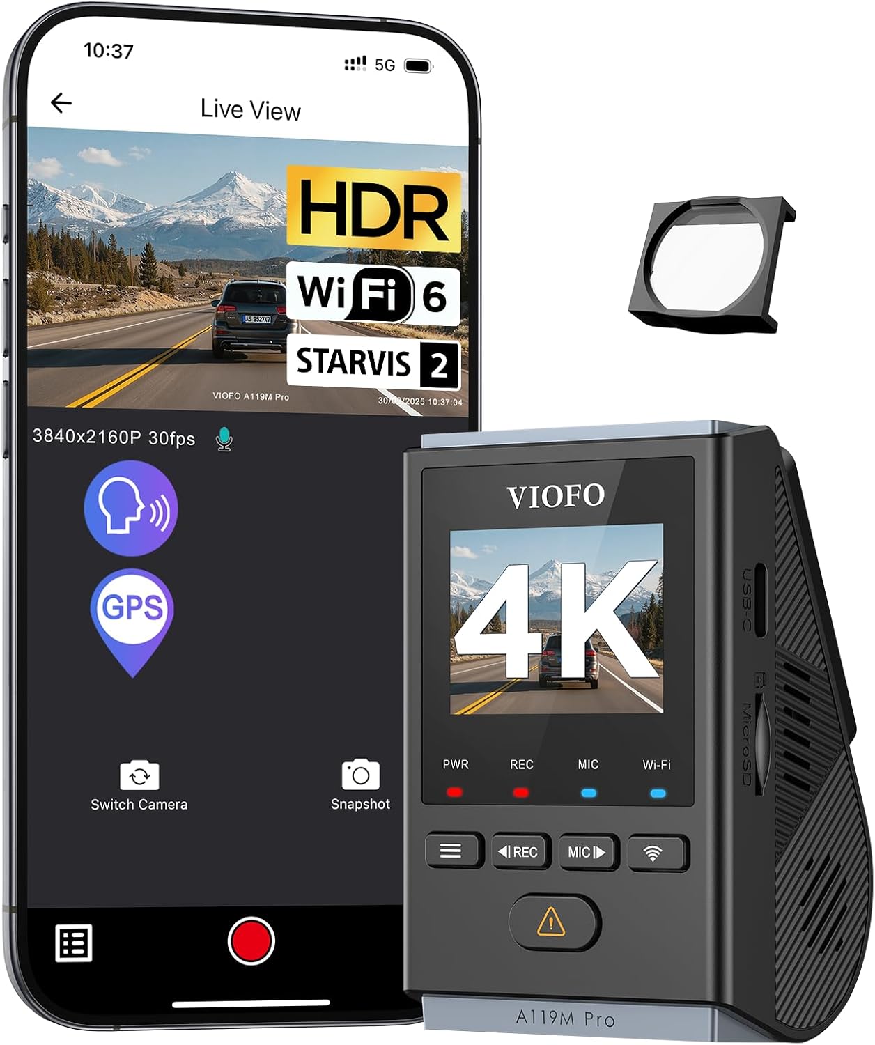 VIOFO A119M Pro 4K HDR мини видеорегистратор за кола с CPL, Wi-Fi 6 и GPS предна камера за кола със STARVIS 2, гласово у...