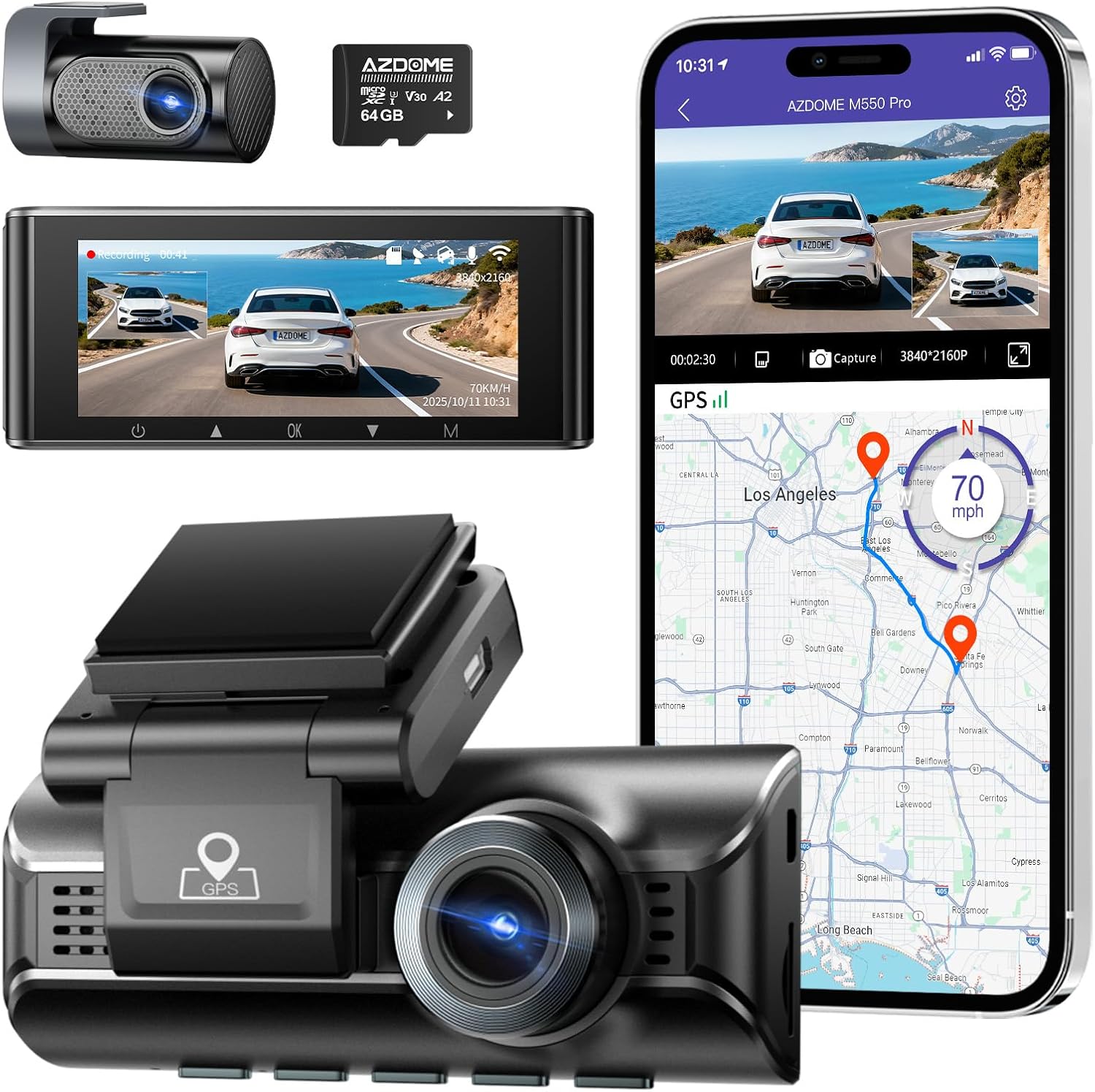 AZDOME Автомобилна видеорегистраторна камера за предно и задно виждане 4K+2.5K с 5.8GHz WiFi, 3.19