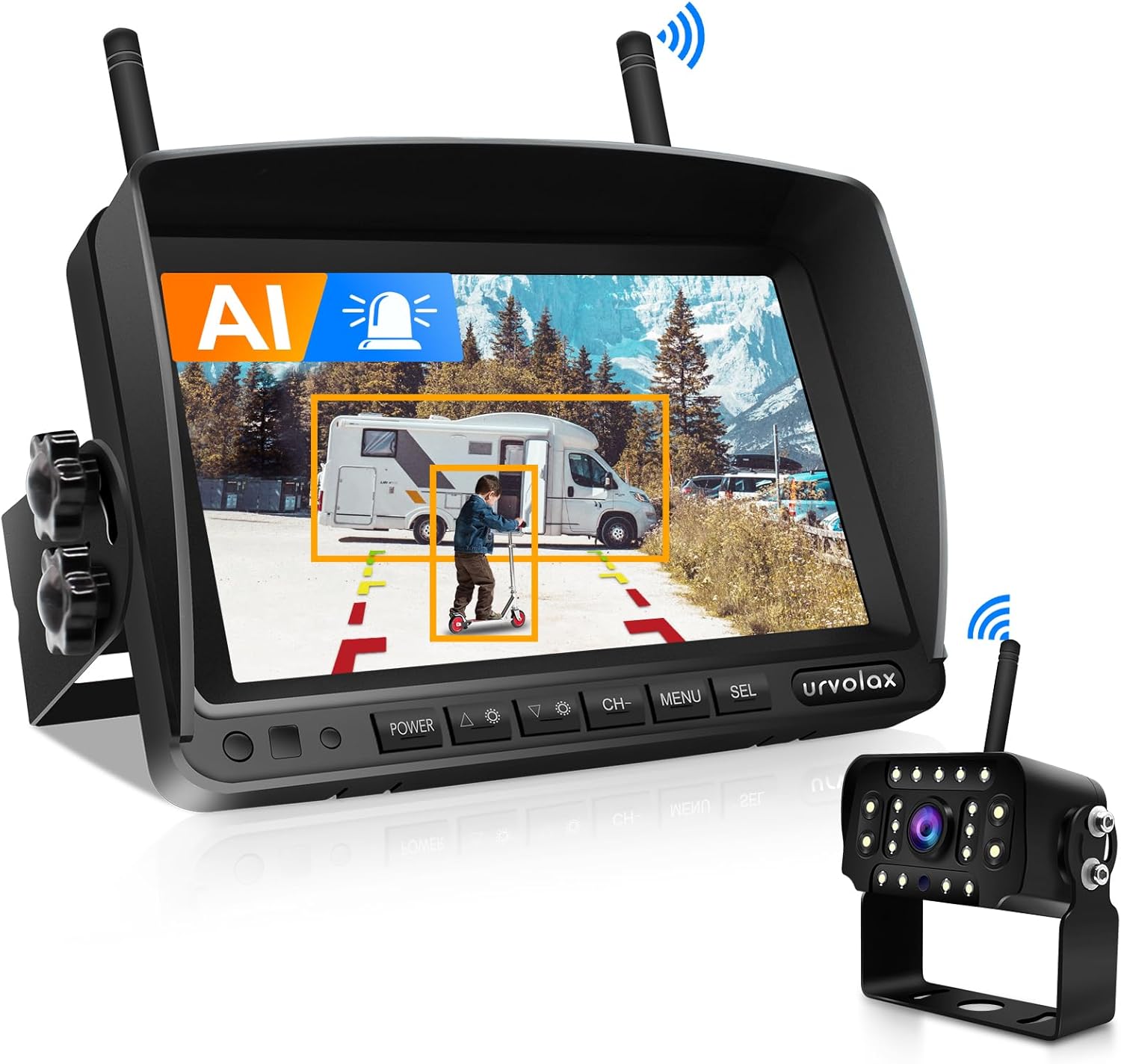 URVOLAX Безжична камера за заден ход с AI, 7-инчов 1080P FHD монитор, Безжична камера за заден ход за автомобили, кемпер...