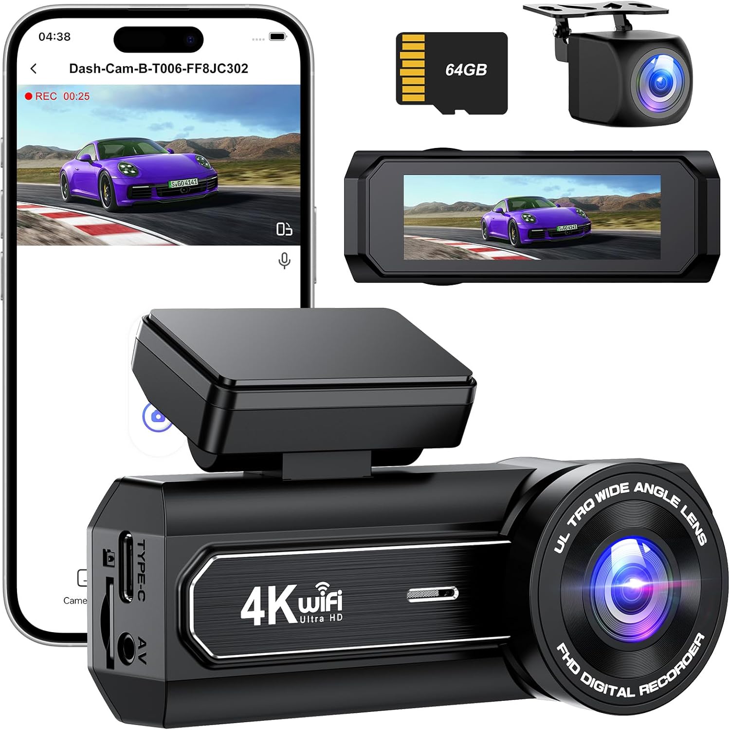 4K + 1080P Автомобилна видеорегистратор, Двойна предна и задна видеорегистратор, WiFi видеорегистратор с 64GB SD карта, ...