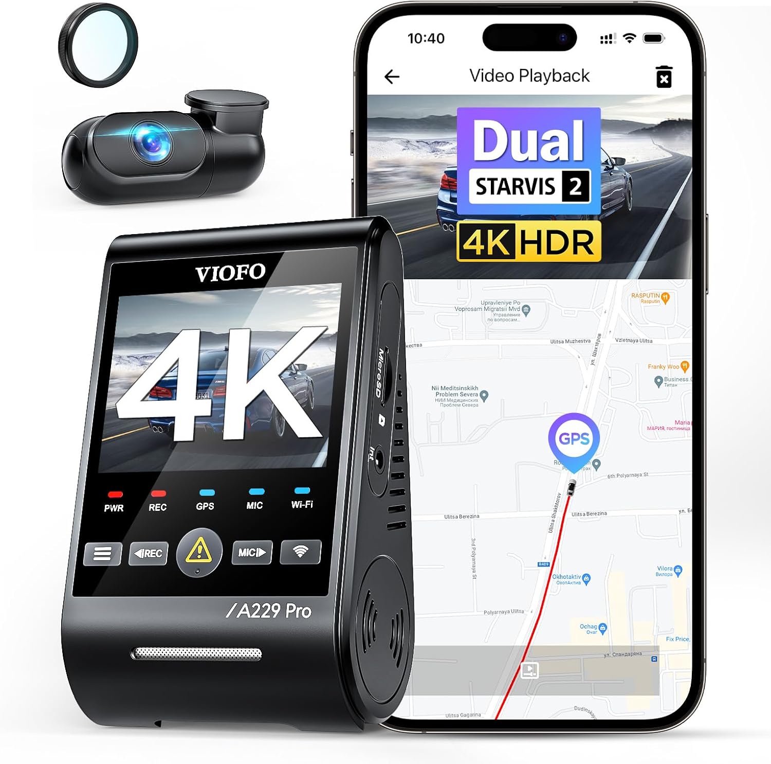 VIOFO A229 Pro 4K + 2K Dual STARVIS 2, HDR предна и задна видеорегистратор, гласово управление и 5GHz Wi-Fi, ултрапрециз...