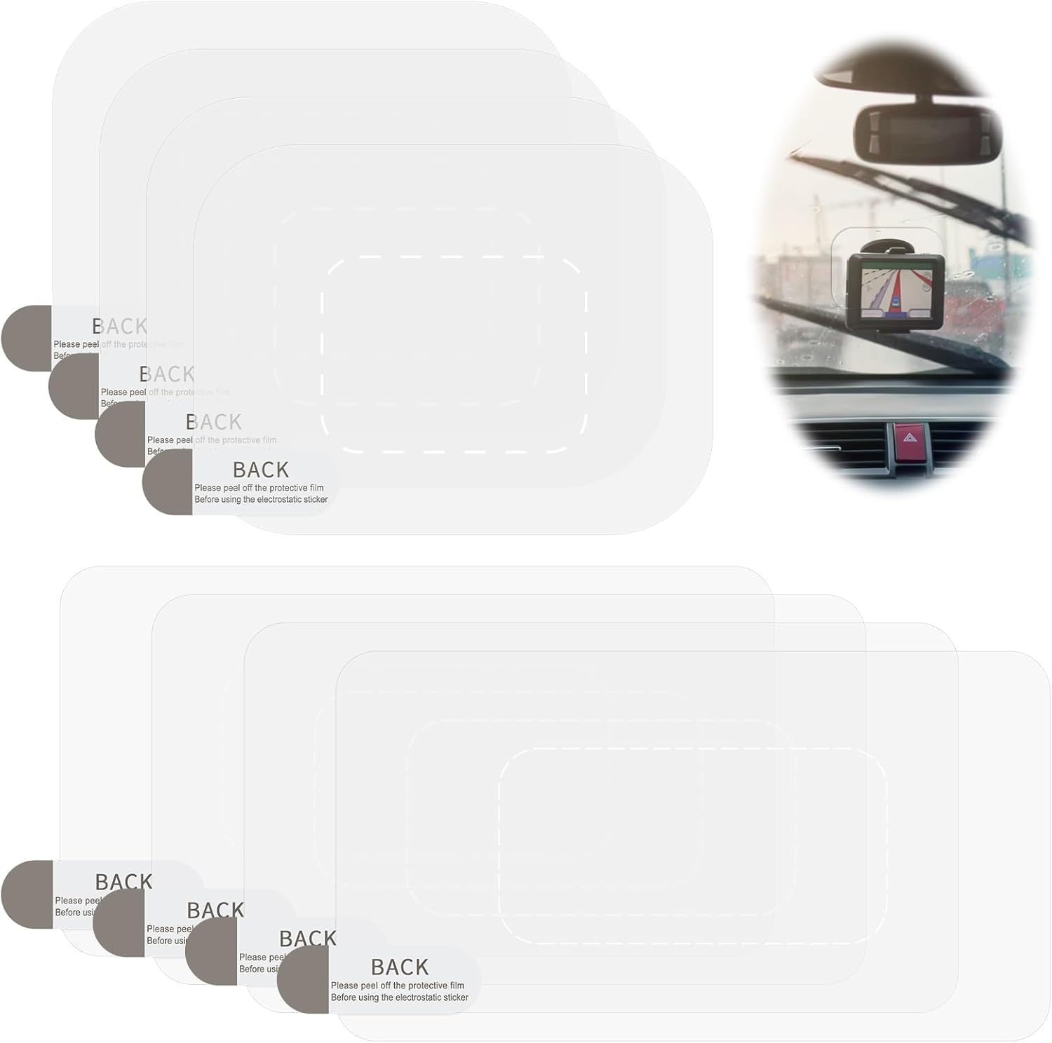 Комплект от 8 аксесоара за автомобилни камери: Статични стикери, антистатични фолиа за ясна видимост на предното стъкло,...