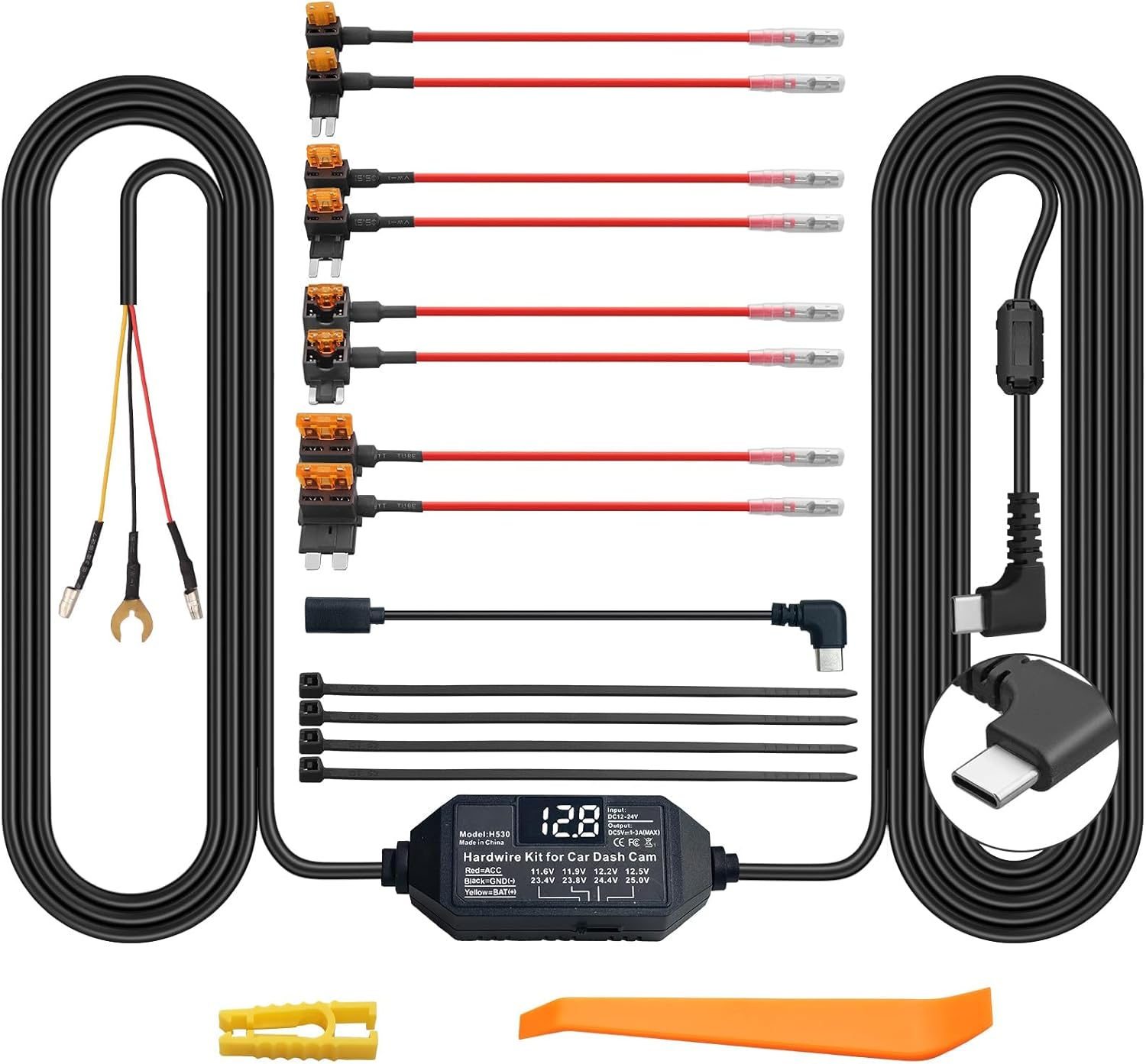 AMTOVL Комплект за окабеляване за видеорегистратор 12V-24V USB Type-C с екран, 4 регулируеми нива, Комплект за окабелява...