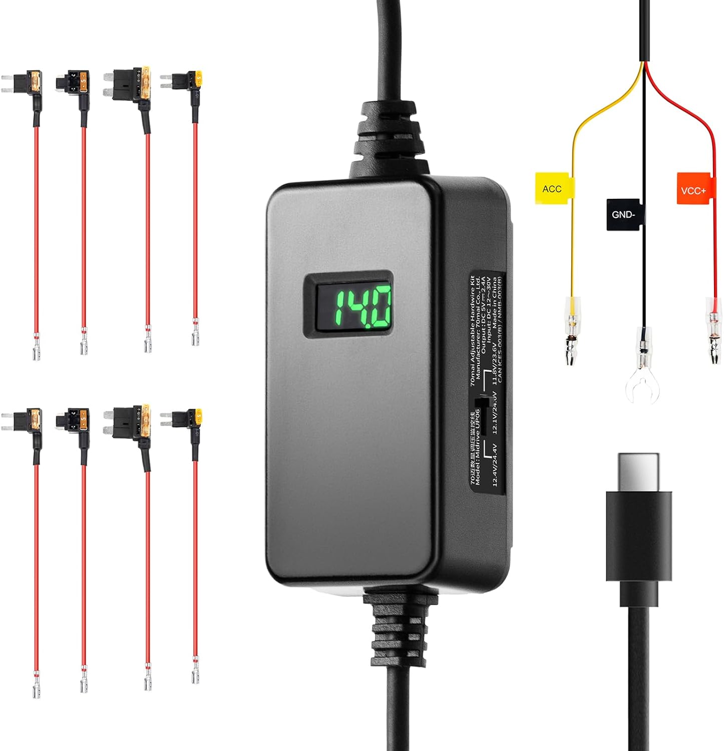 70mai комплект за окабеляване за видеорегистратор UP06, комплект за окабеляване тип C с тристепенна регулируема защита о...