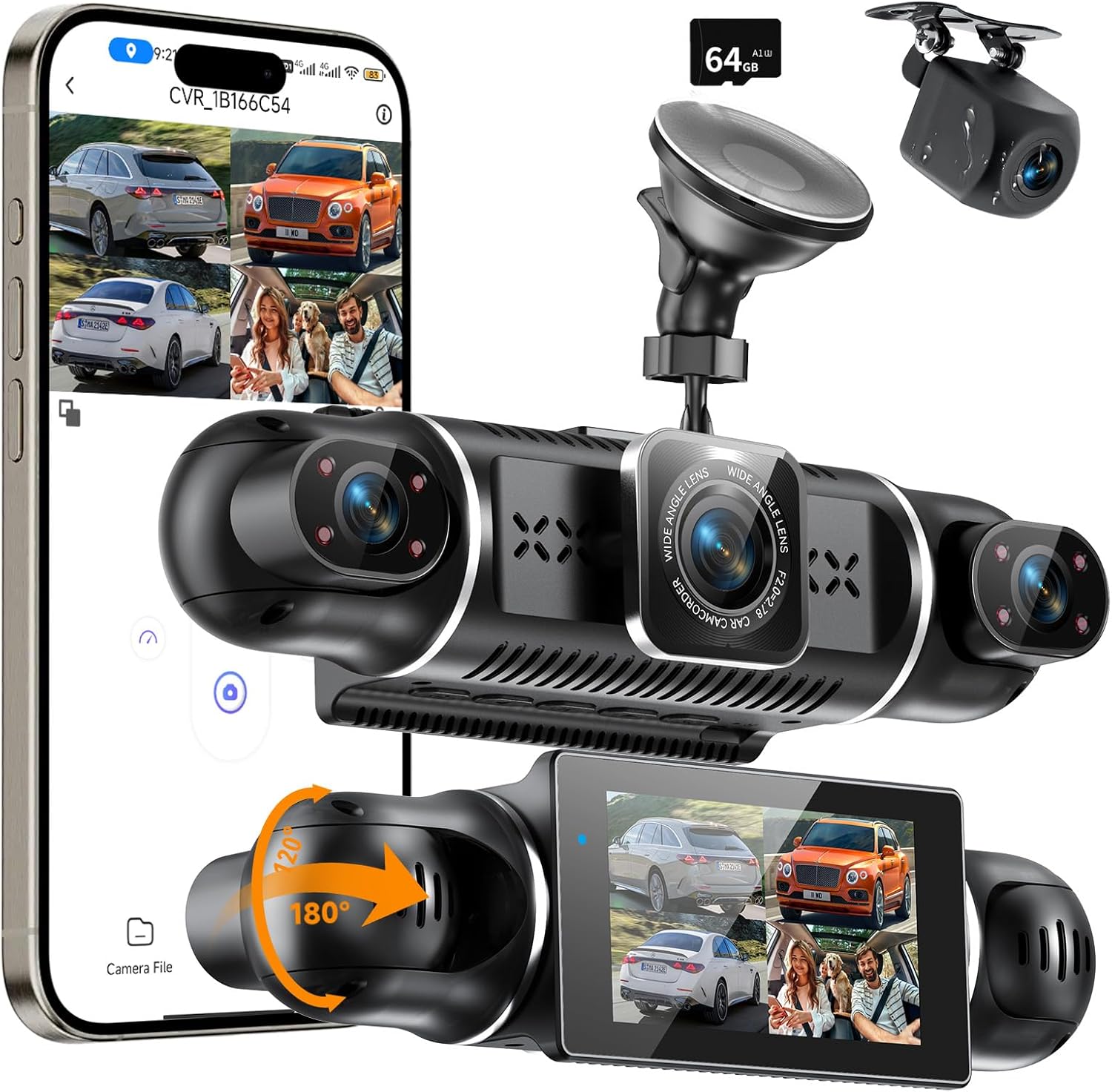 Предна и задна видеорегистратор 4K/1080P, 4-канална автомобилна камера с 64GB SD карта, 360° видеорегистратор с наблюден...