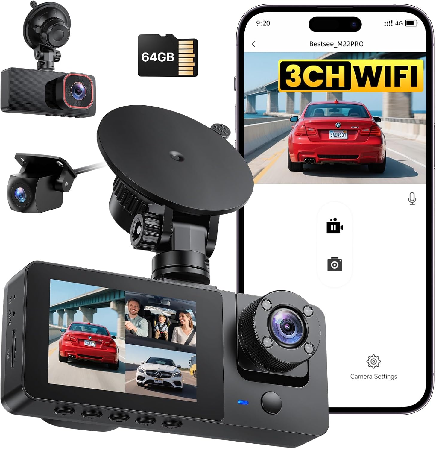 2.5K видеорегистратор за кола отпред, отзад и отвътре, 2.35