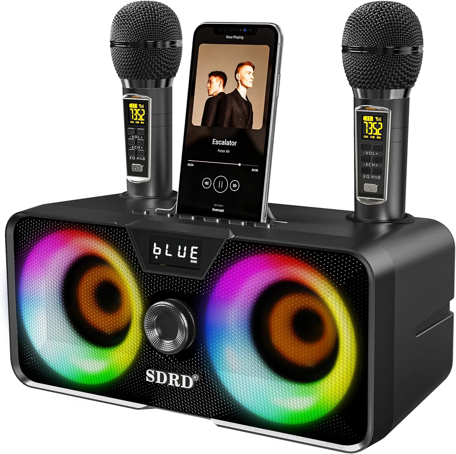 Преносима аудио система LSMOEO, 30W RMS, Караоке, 2 безжични микрофона с ветробрани, Bluetooth, MicroSD, USB, AUX, Черна