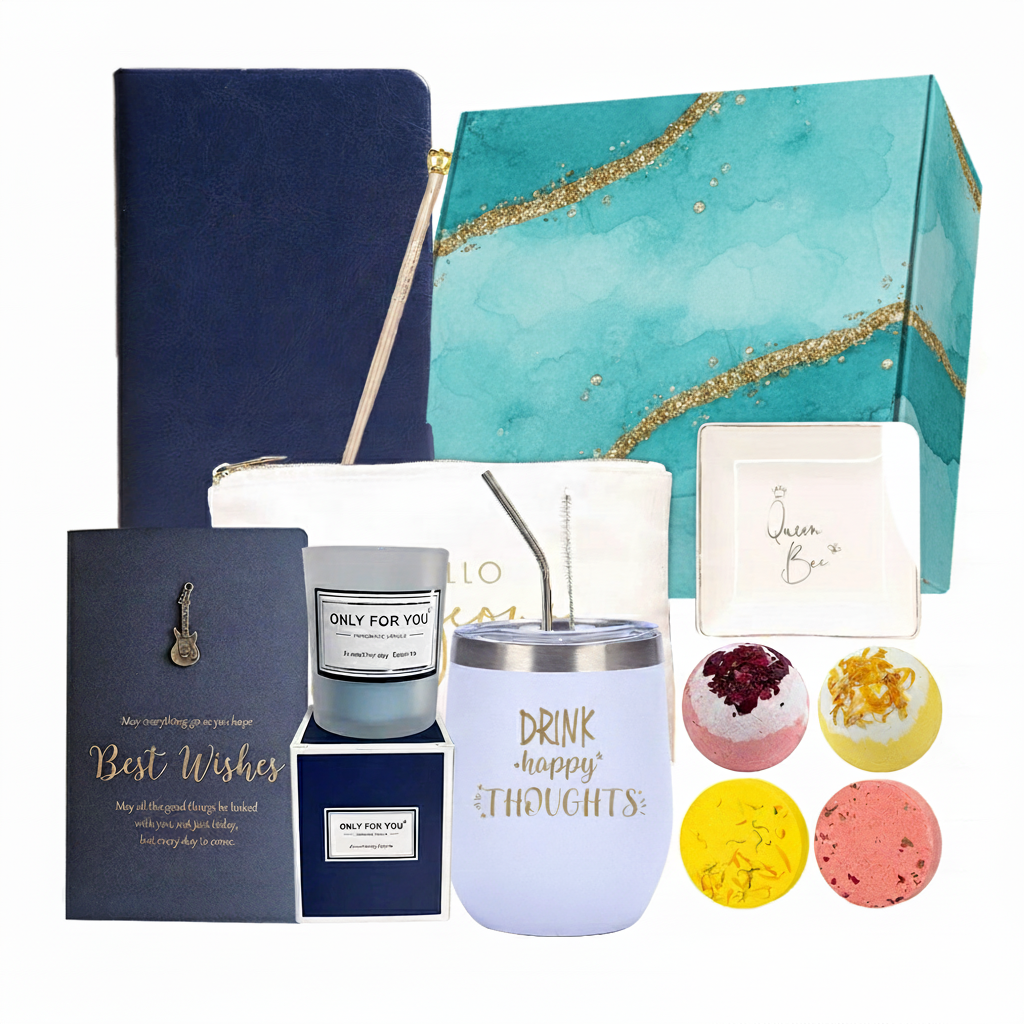 Подаръчен комплект за жена, 9 части, Чаша, Бомбички и соли за вана, Луксозно тефтерче и молив, Ароматна свещ,  Спа, Рела...