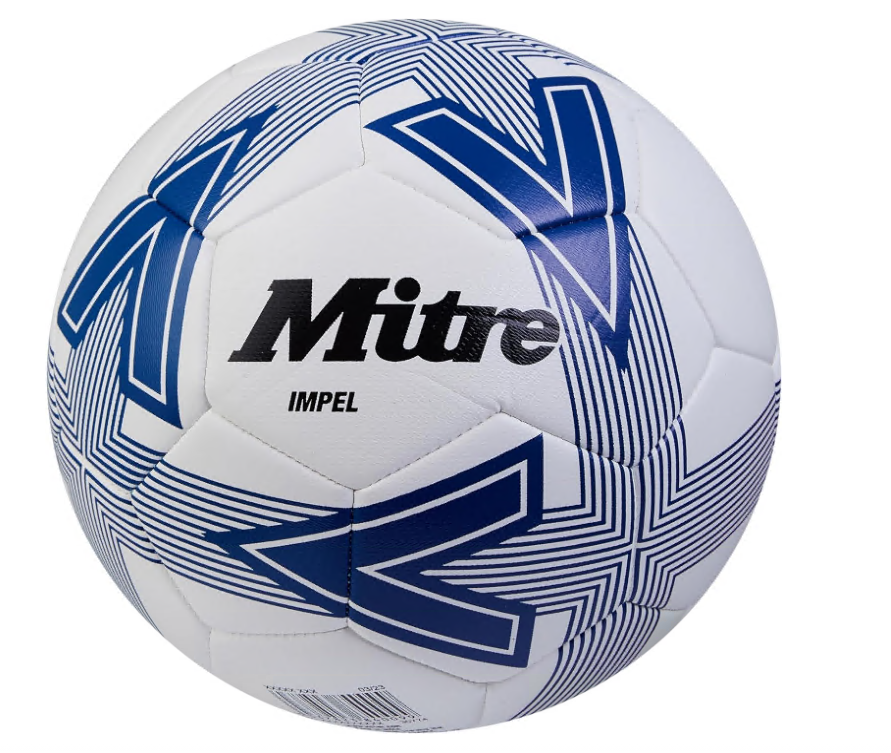 Футболна топка Mitre Impel, Размер 5 EU, Подходяща за тревни площи, Висока издръжливост, Бяла със синьо
