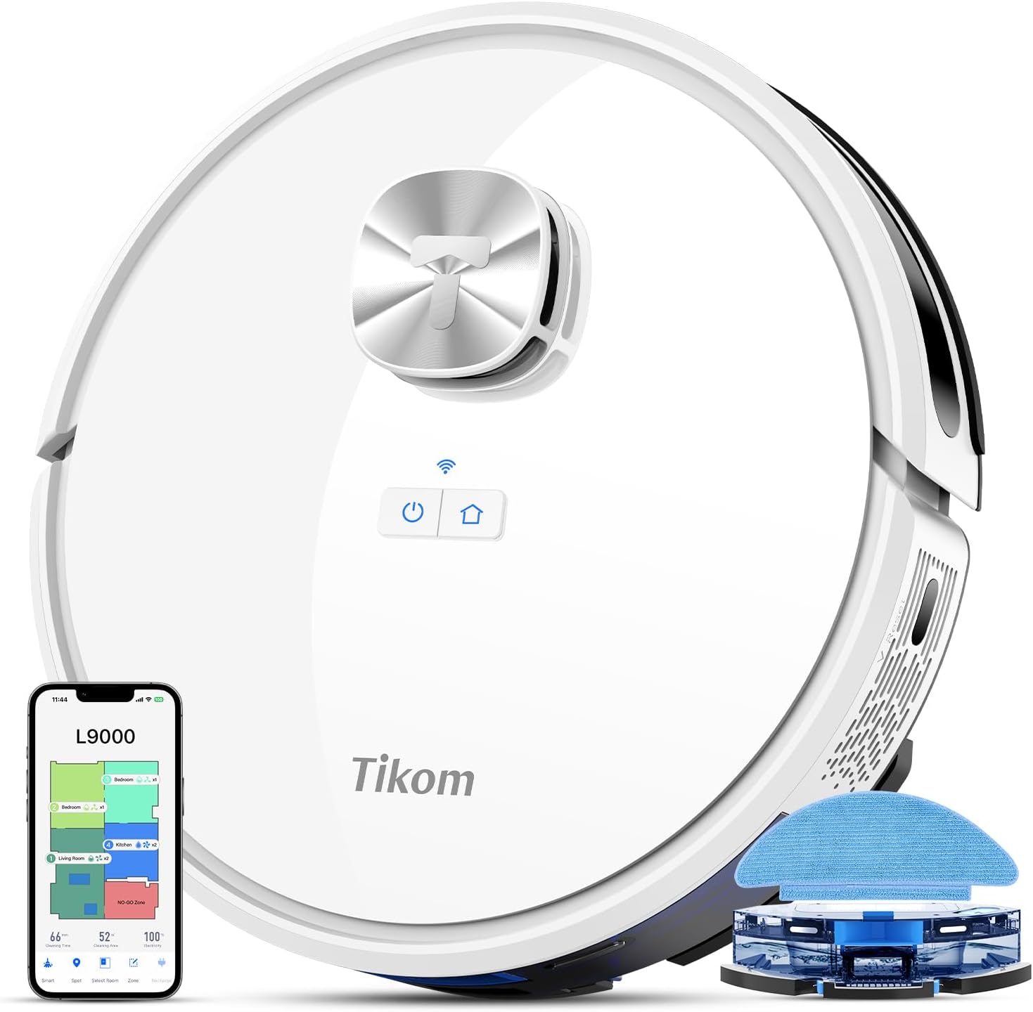 Прахосмукачка робот Tikom L9000, 4000Pa мощност, Чисти, Мие, Самозареждане, App контрол, LiDAR навигация, Alexa, Бяла