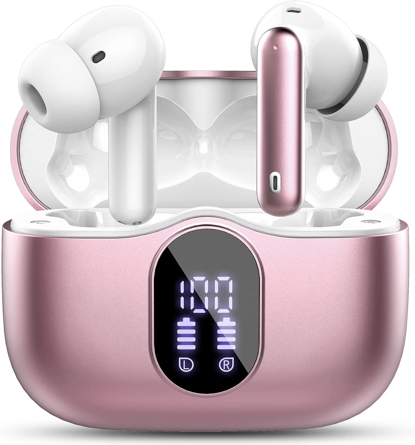 Безжични слушалки Btootos A90 Pro, До 40 часа музика, Bluetooth 5.3, 4 шумопотискащи микрофона, IPX7, Дисплей, Розови