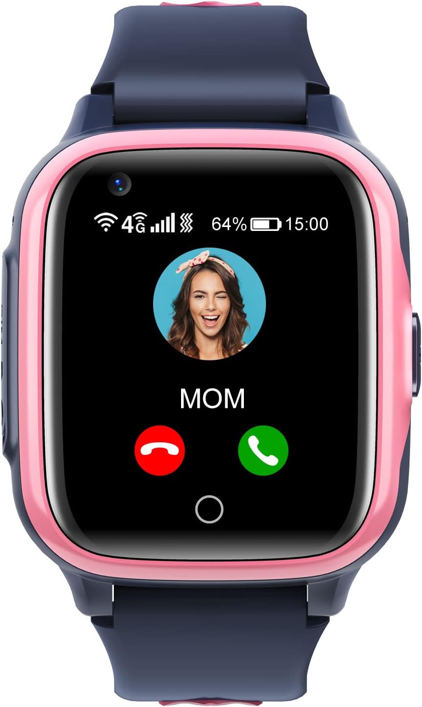 Детски смарт часовник Krostming, 4G, Wi-Fi, Видеообаждане, IP67 защита от прах и вода, GPS проследяване с App, Розов/Син