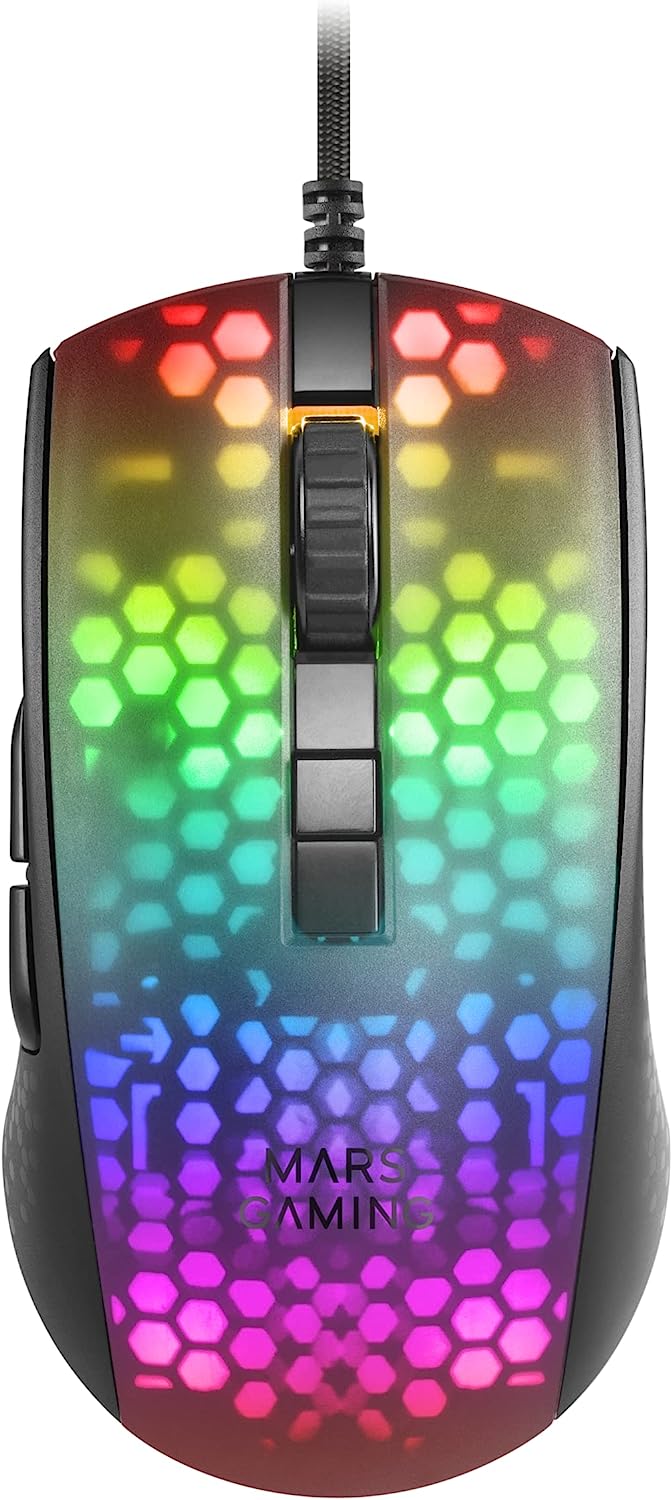 Геймърска мишка Mars Gaming MMR, 12800 DPI, Оптична, 6 бутона, RGB подсветка, Ултралека - 58 гр, USB, Черна