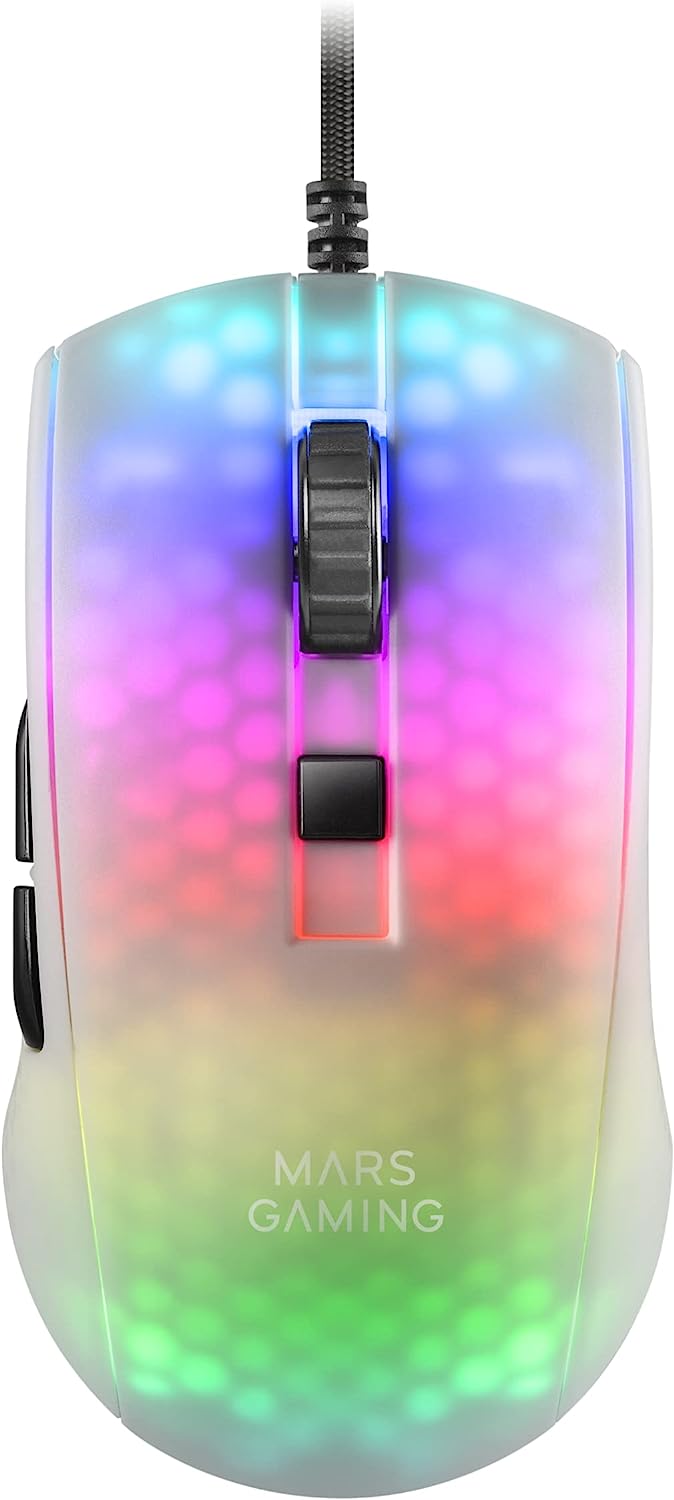 Геймърска мишка Mars Gaming MMR, 12800 DPI, Оптична, 6 бутона, RGB подсветка, Ултралека - 58 гр, USB, Бяла