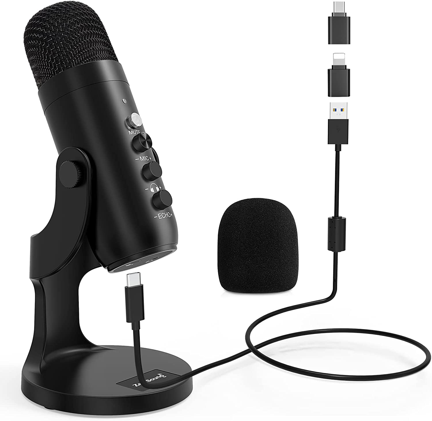 Кондензаторен подкаст микрофон Zealsound K66, USB type C, 3.5 мм жак, Ветробран, LED индикатор, Mute бутон, Черен