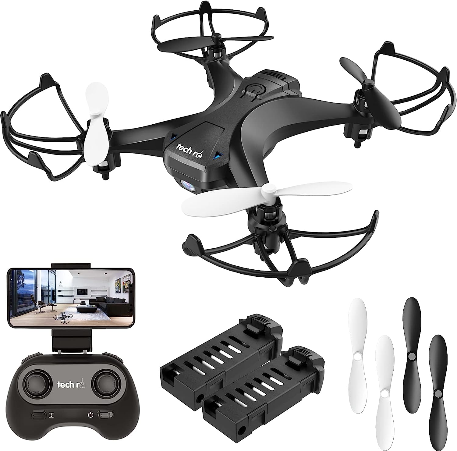 Дрон с камера Tech RC Z12W, 2 Батерии, 2.4Ghz Wi-Fi дистанционно, App контрол, Лайв видео / запис, 3D Флип, Черен