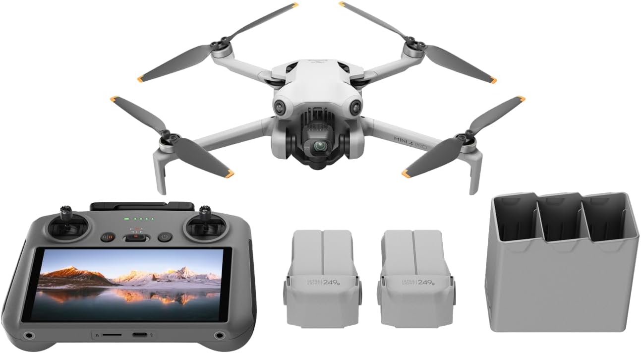 Професионален дрон DJI Mini 4 Pro, Комбо с дистанционно с екран, 4К камера, 34 мин автономия, 2 батерии, Клас C0, Сив