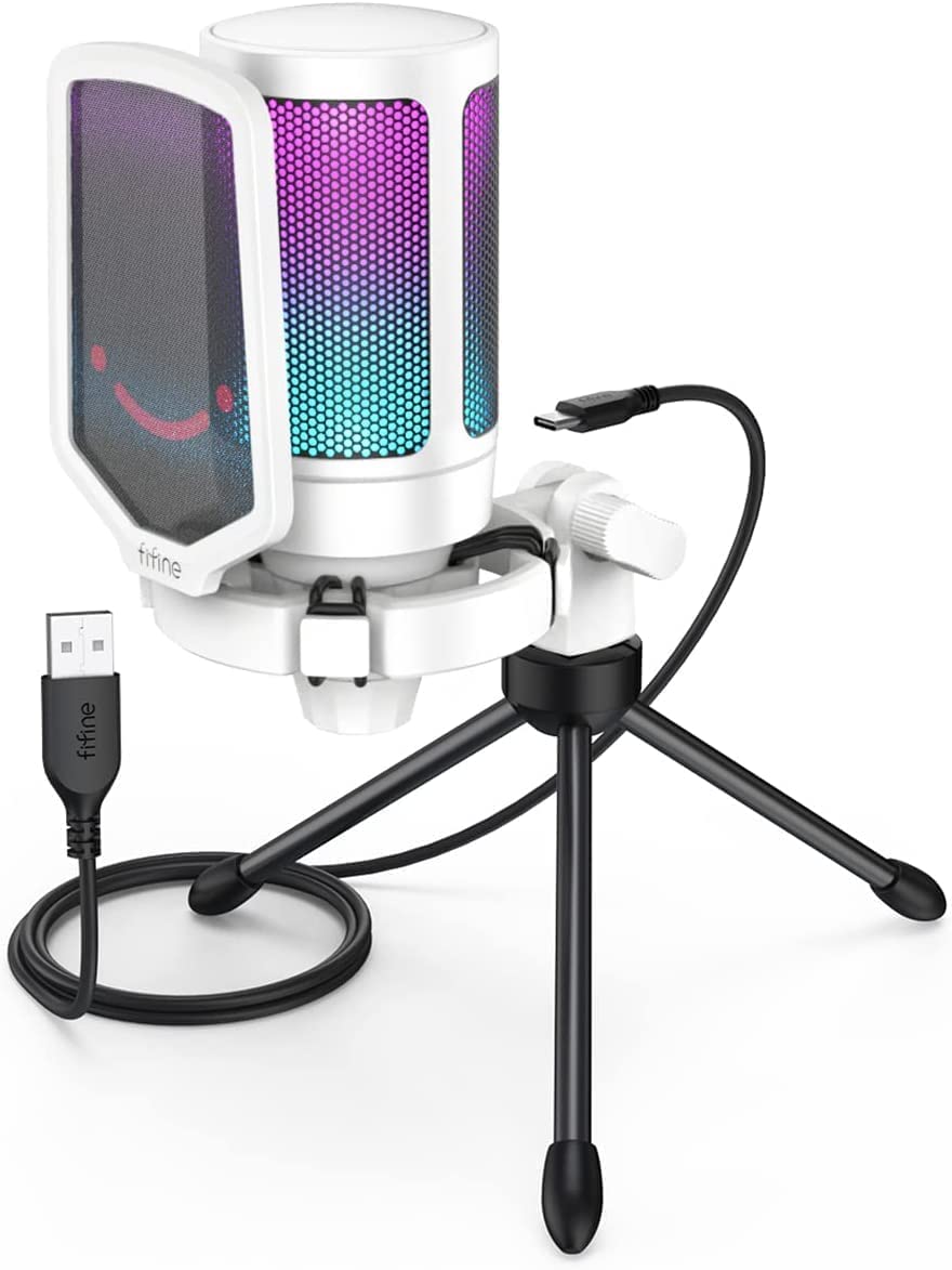 Кондензаторен микрофон FIFINE A6, Поп филтър, Тринога, 2м USB кабел, RGB преливане, Mute бутон, Бял