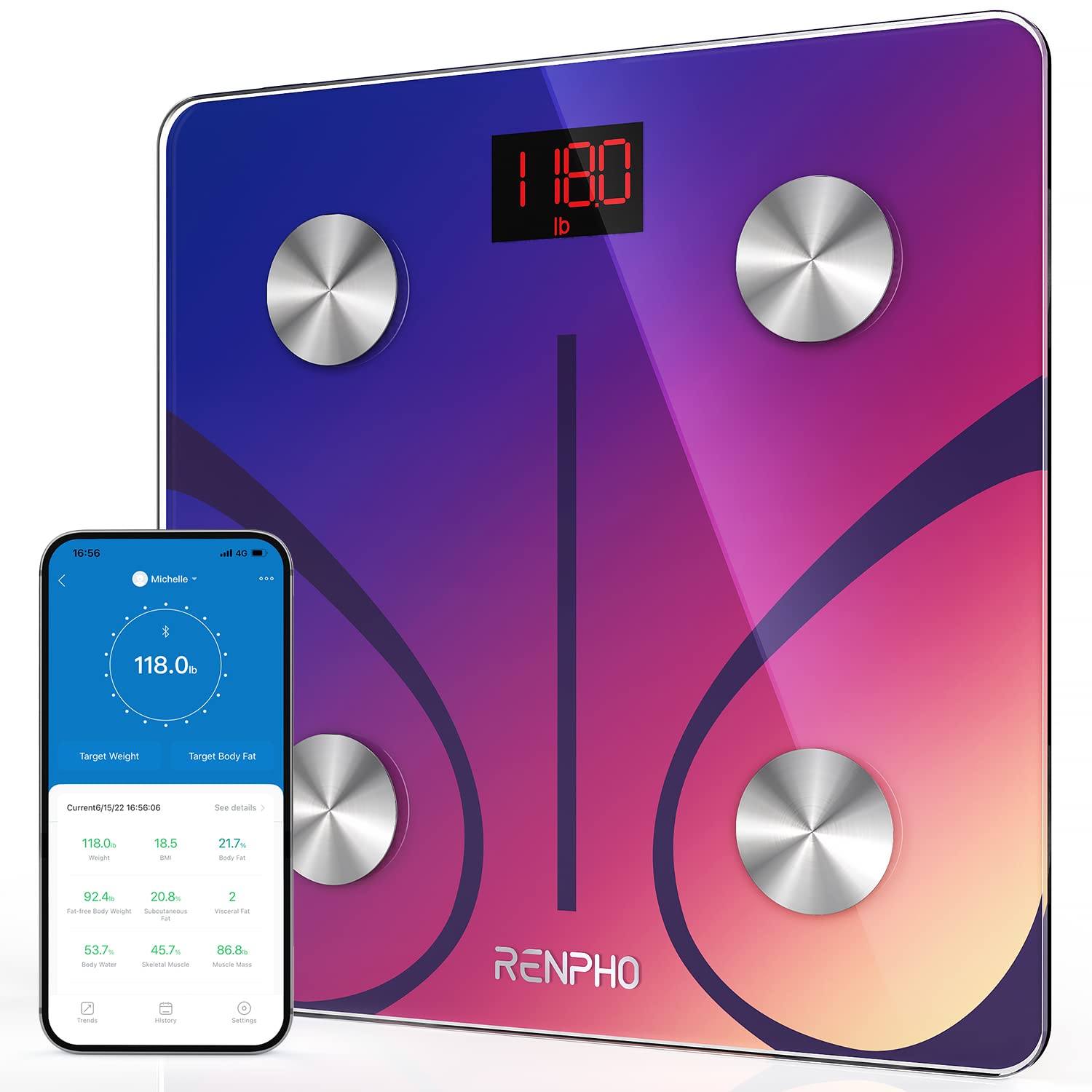 Кантар за телесно тегло RENPHO, До 180 кг, Bluetooth App връзка, 13 измервания, Авто старт / стоп, Преливащ дизайн
