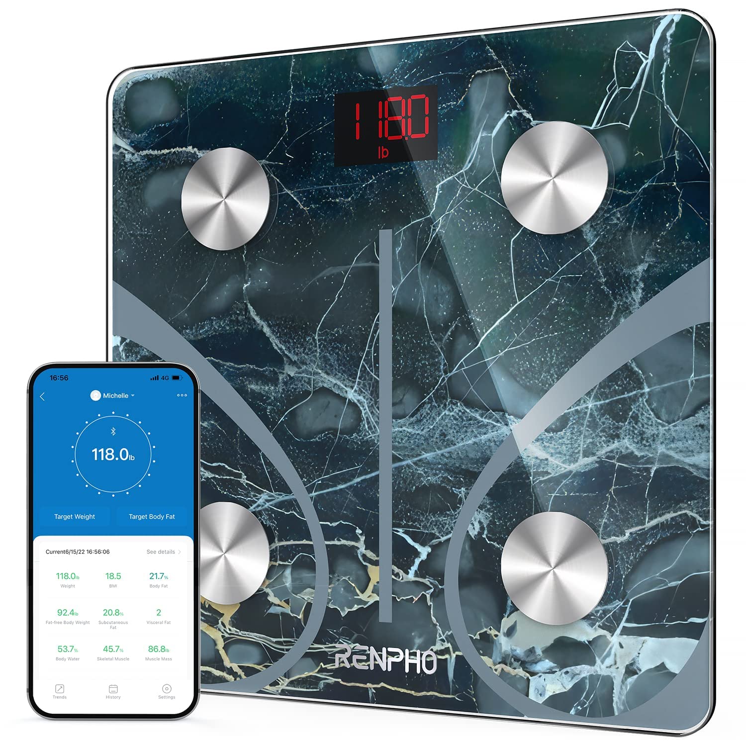 Кантар за телесно тегло RENPHO, До 180 кг, Bluetooth App връзка, 13 измервания, Авто старт / стоп, Мраморен дизайн