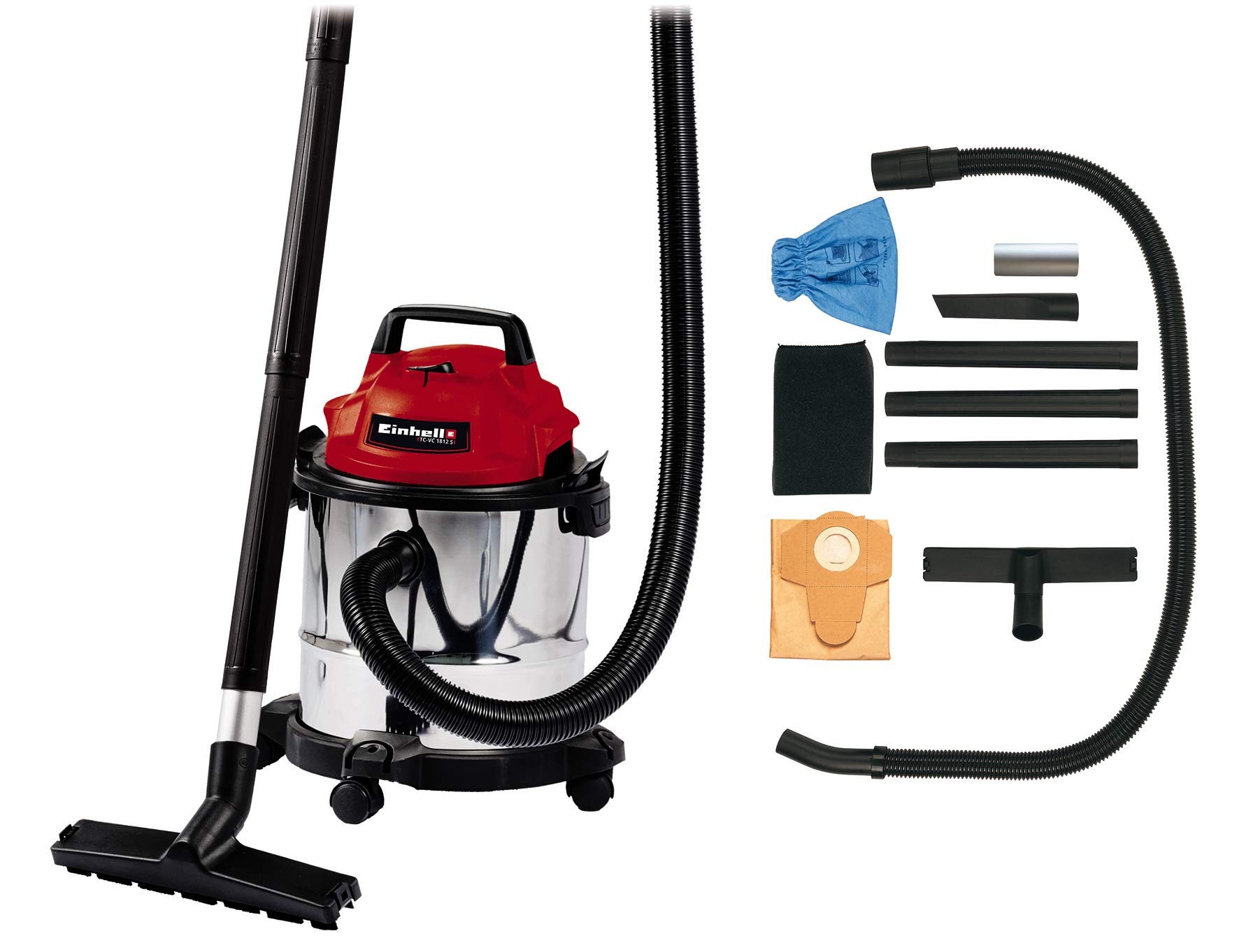 Прахосмукачка Einhell TC-VC 1812 S, 1250 W, 12 литра, Червена