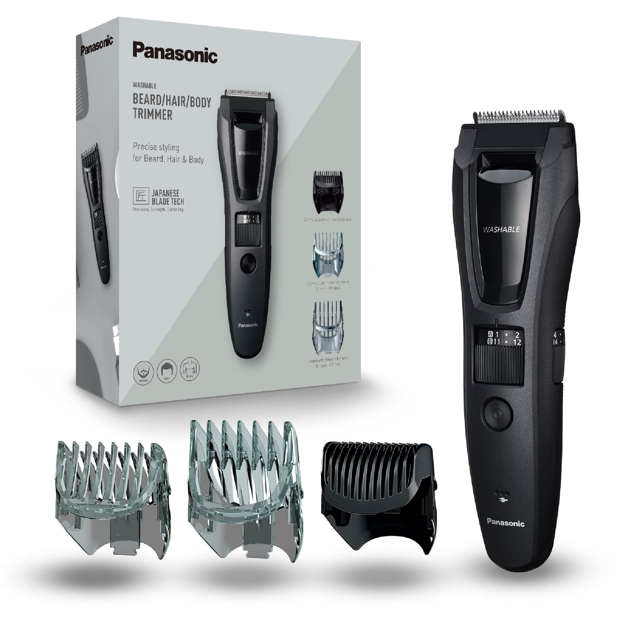 Машинка за подстригване Panasonic ER-GB62, 3 приставки, Черна