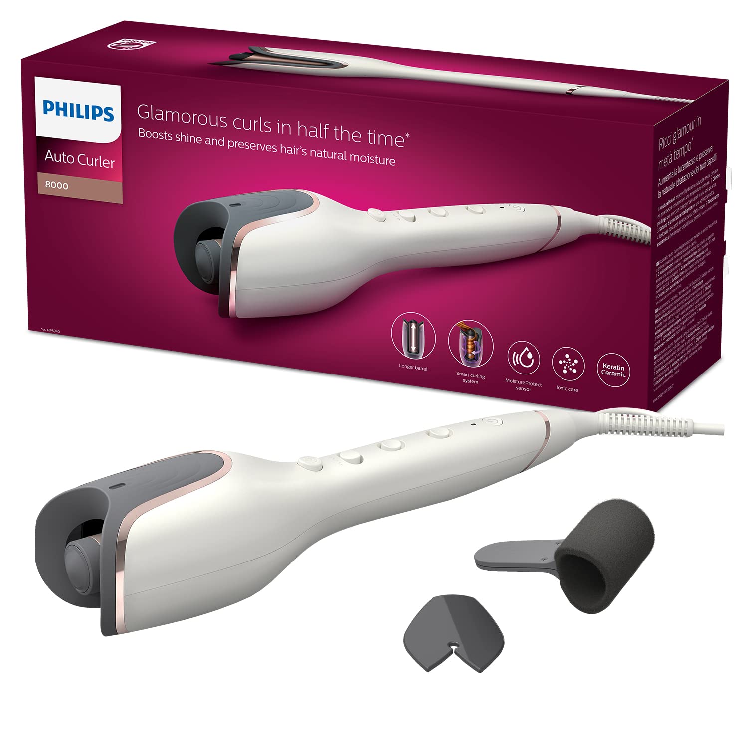 Маша за коса Philips BHB878/00, Автоматична работа, Бяла/Сива