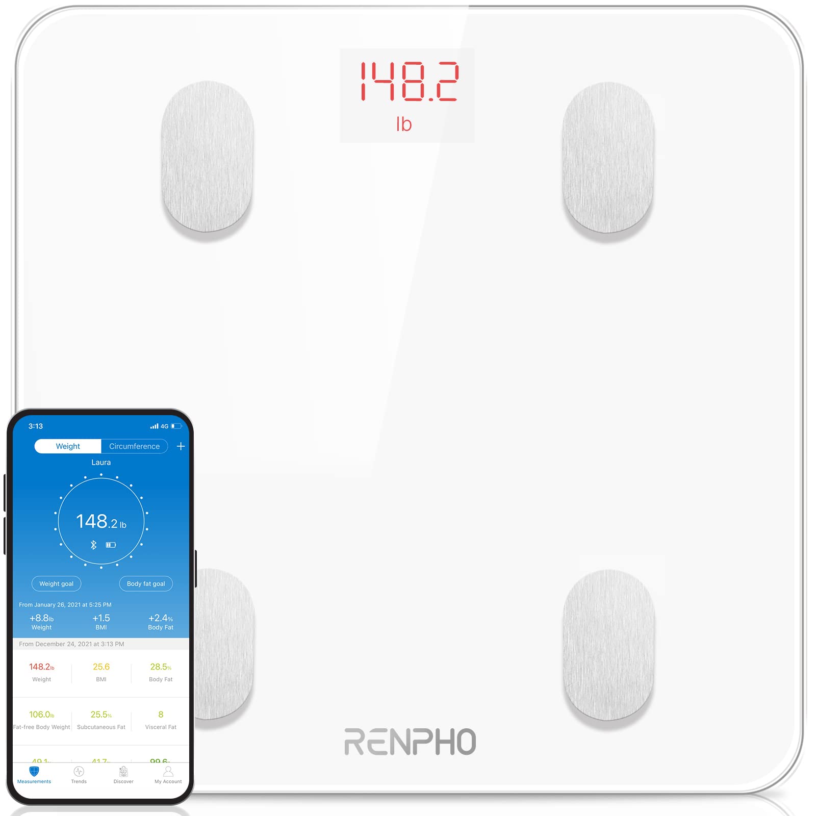 Кантар за телесно тегло RENPHO, До 180 килограма, Bluetooth, App контрол, Бял