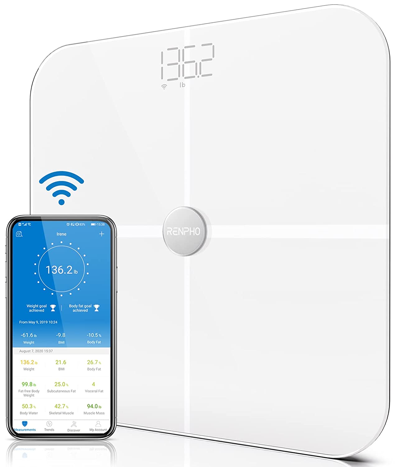 Кантар за телесно тегло RENPHO, Bluetooth, Wi-Fi 2,4Ghz, До 180кг, Бял