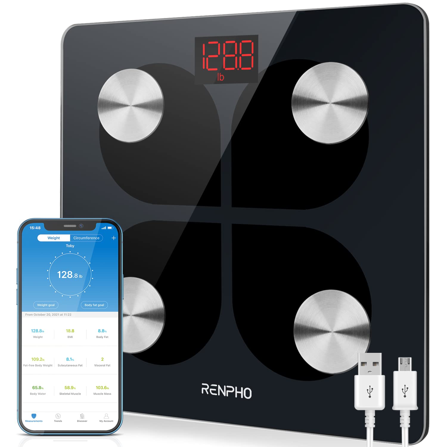 Кантар за телесно тегло Renpho ES-280CR-EU, Bluetooth, App анализ, Вградени батерии, USB кабел за зареждане, Черен