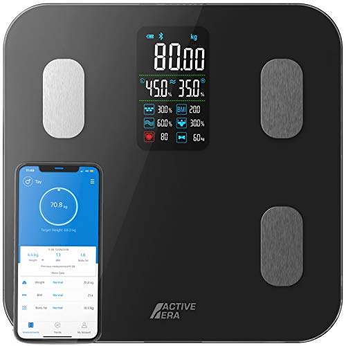 Кантар за телесно тегло Active Era, Голям VA LED дисплей, Bluetooth, App контрол, 16 измервания, ИТМ, Черен