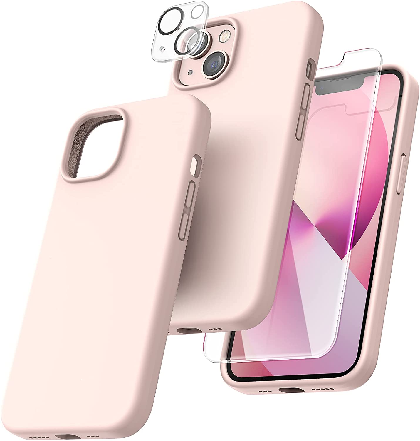 Кейс за телефон TOCOL, За iPhone 13, 6.1'', С два протектора за дисплей и две защитни покрития за камерата, Розов