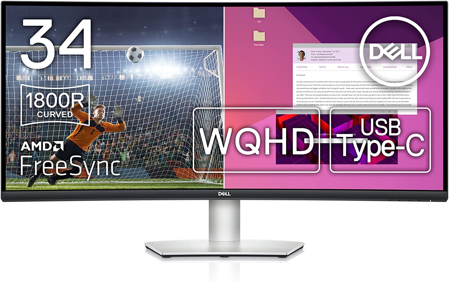 Монитор Dell S3423DWC, Извит 1800R, 34'' VA LED, WQHD 3440 x 1440 px, 100 Hz, 4ms, AMD FreeSync, 300cd/m²