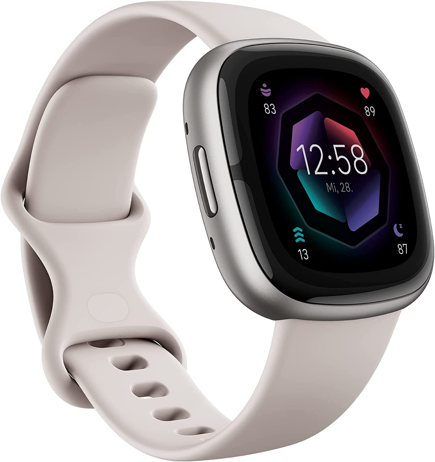 Смарт часовник Fitbit Sense 2 FB521SRWT, GPS, Водоустойчив, SpO2, Бежова каишка, Сребрист корпус