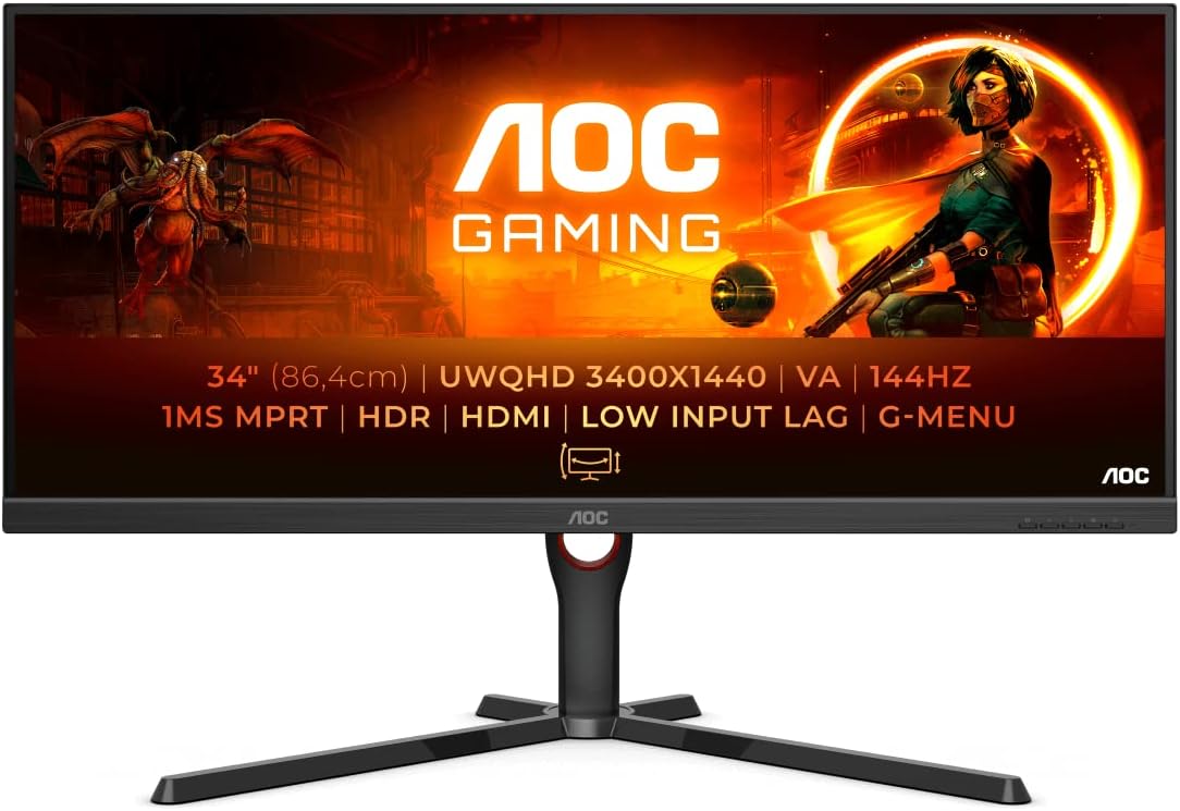 Геймърски монитор AOC U34G3XM, 34'', WQHD 3440 x 1440, 144Hz, 1ms, FreeSync Premium, HDR10, HDMI, DisplayPort, Черен