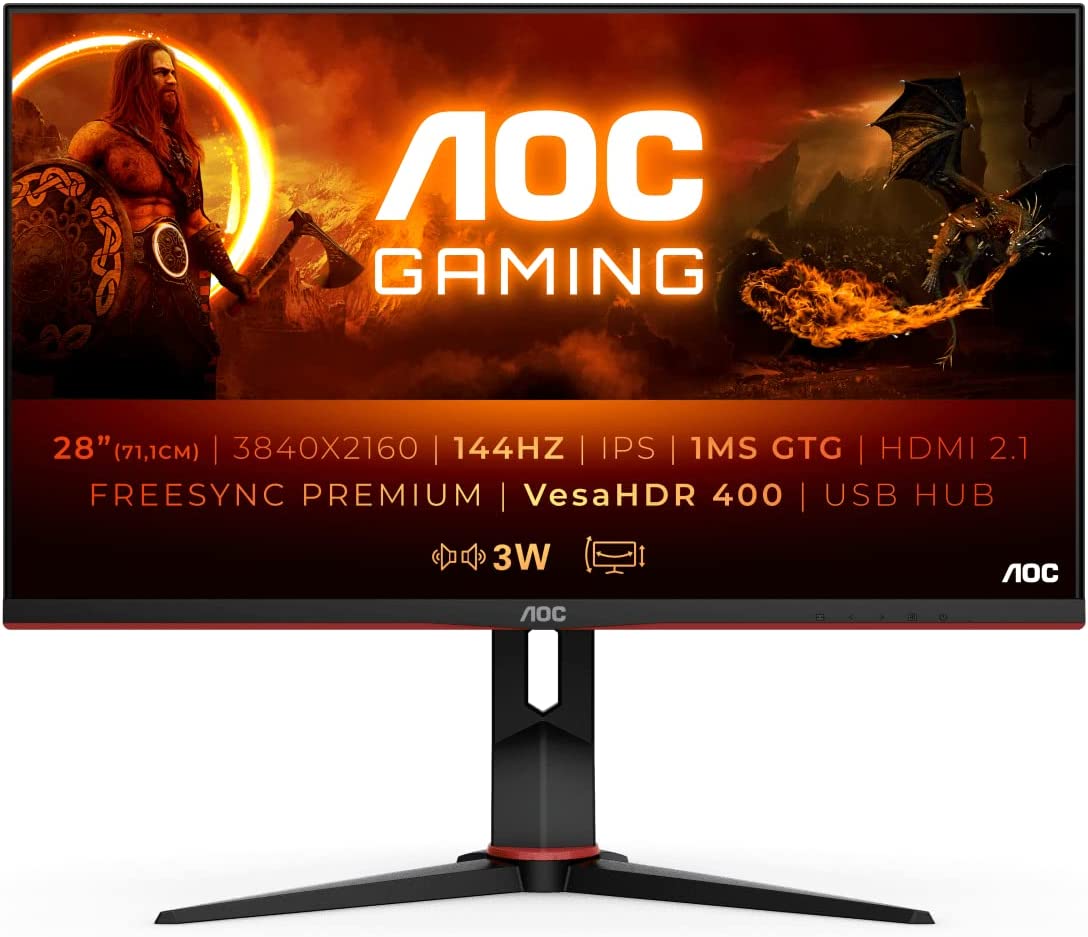 Геймърски монитор AOC U28G2XU2, 28'', 4K Ultra HD 3840 x 2160, 144Hz, 1ms, FreeSync Premium Pro, HDR400, HDMI, DP, USB