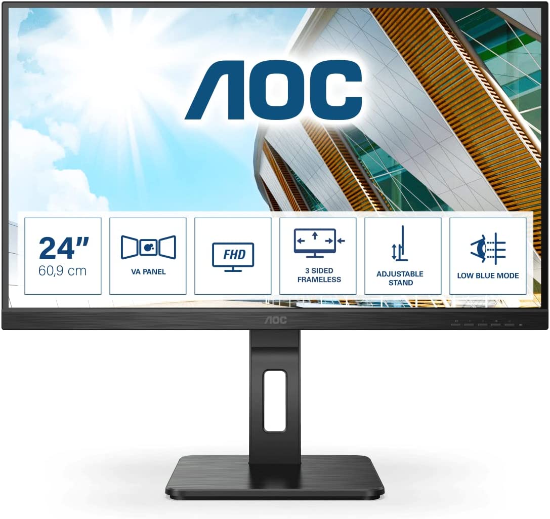 Монитор AOC 24P2QM, 24'', Full HD 1920 x 1080, 75 Hz, 4ms, VGA, DVI, HDMI, DisplayPort, USB, Черен