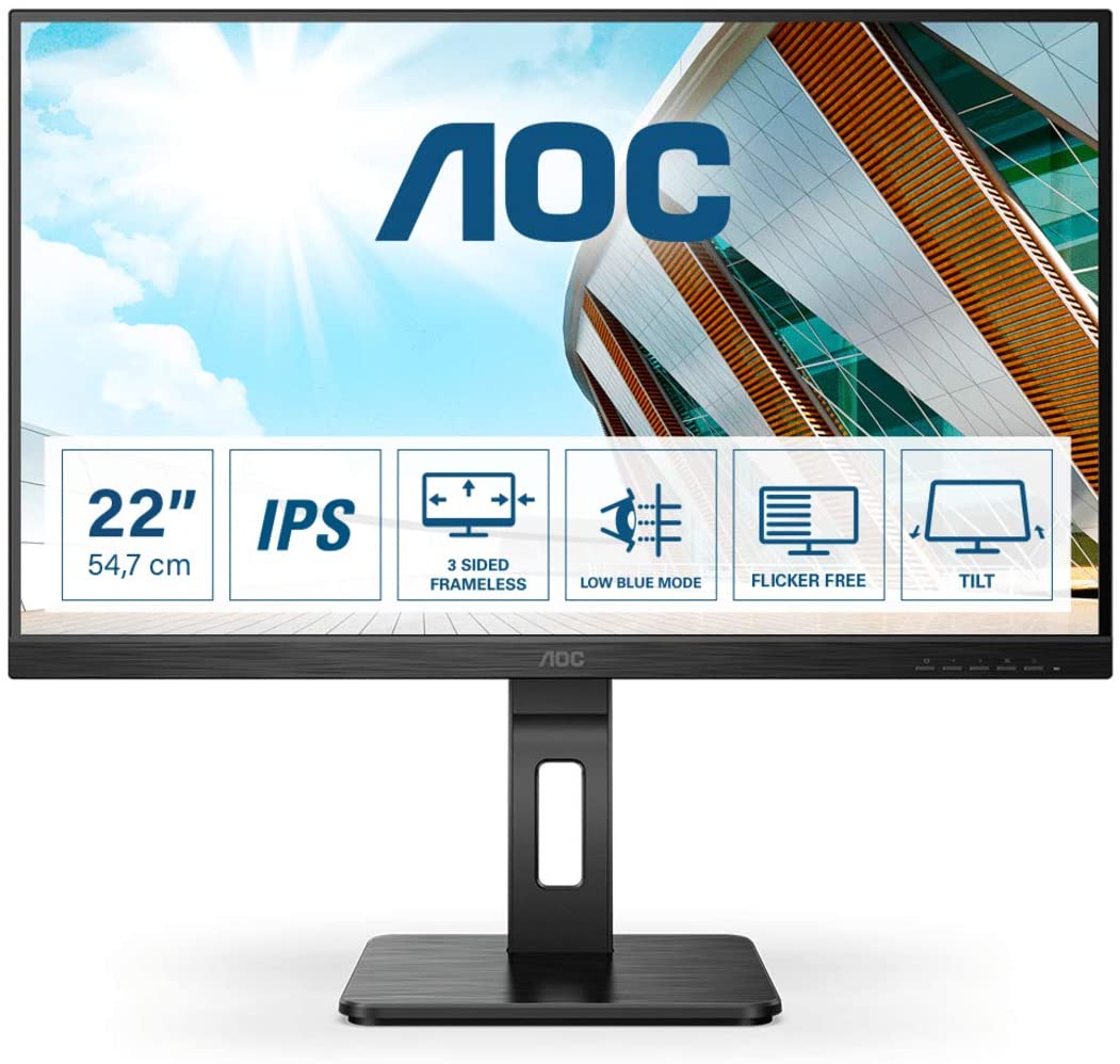 Монитор AOC 22P2DU, 22'', Full HD 1920 x 1080, 75 Hz, 4ms, Регулируема височина, VGA, DVI, HDMI, USB, Черен