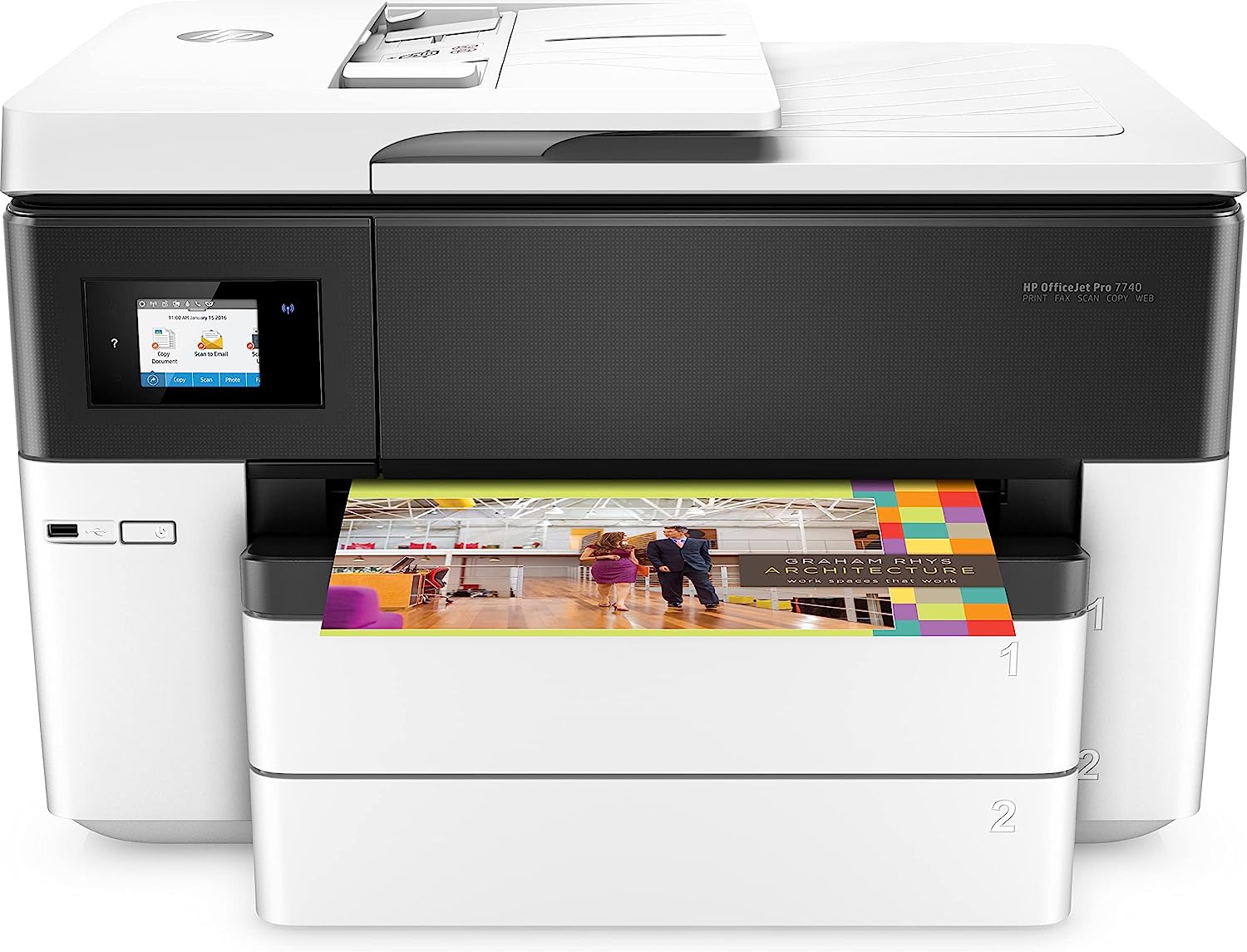 Мастиленоструен принтер HP OfficeJet Pro 7740, 4в1, WiFi, USB 2.0, Цветен, А3, Дуплекс, 4800 x 1200 dpi, HP ePrint, Бял
