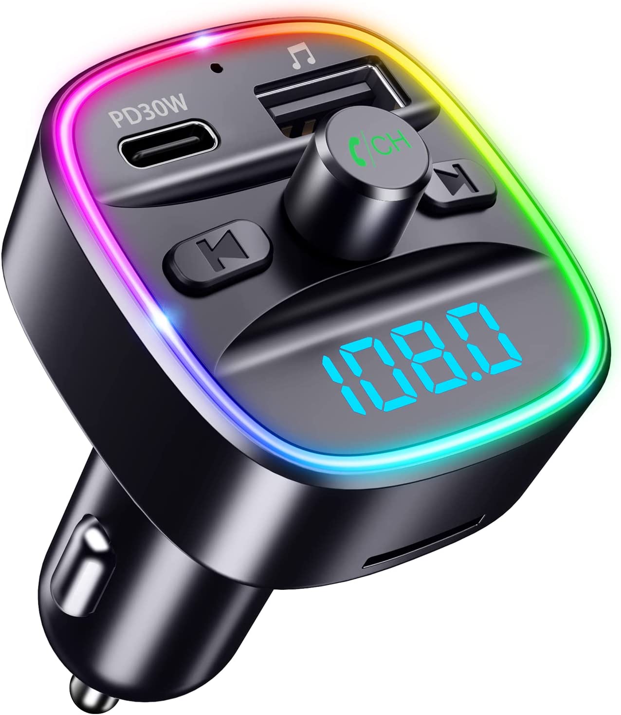 FM трансмитер ORIA, Bluetooth 5.0, USB-C PD 30 W, USB-A, LED подсветка, MicroSD карта, Бързо зареждане, Черен