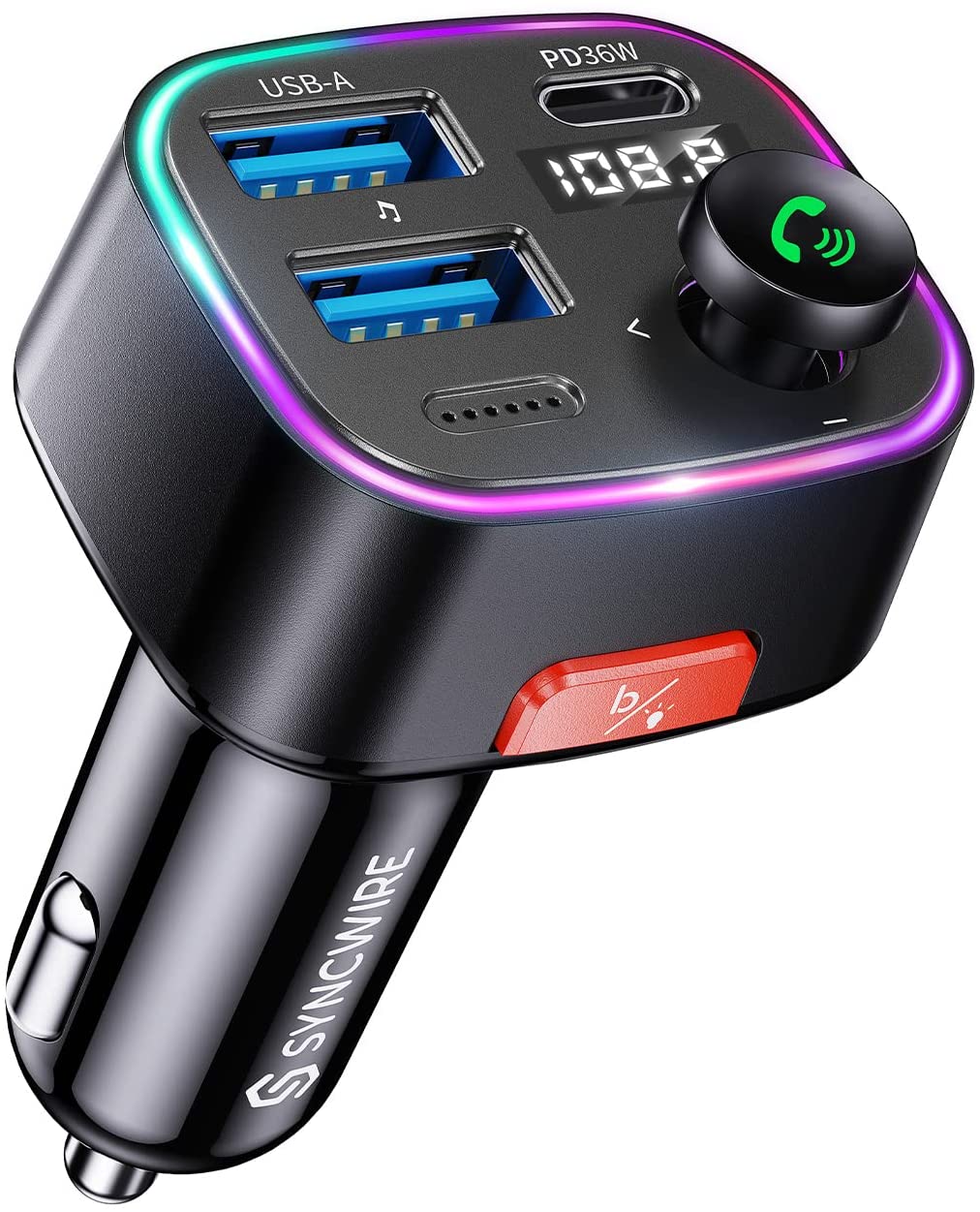 FM трансмитер Syncwire, Bluetooth 5.3, USB-C PD 36W, 2x USB-A 12W, Монохромен дисплей, Микрофон, Екстра бас, Черен