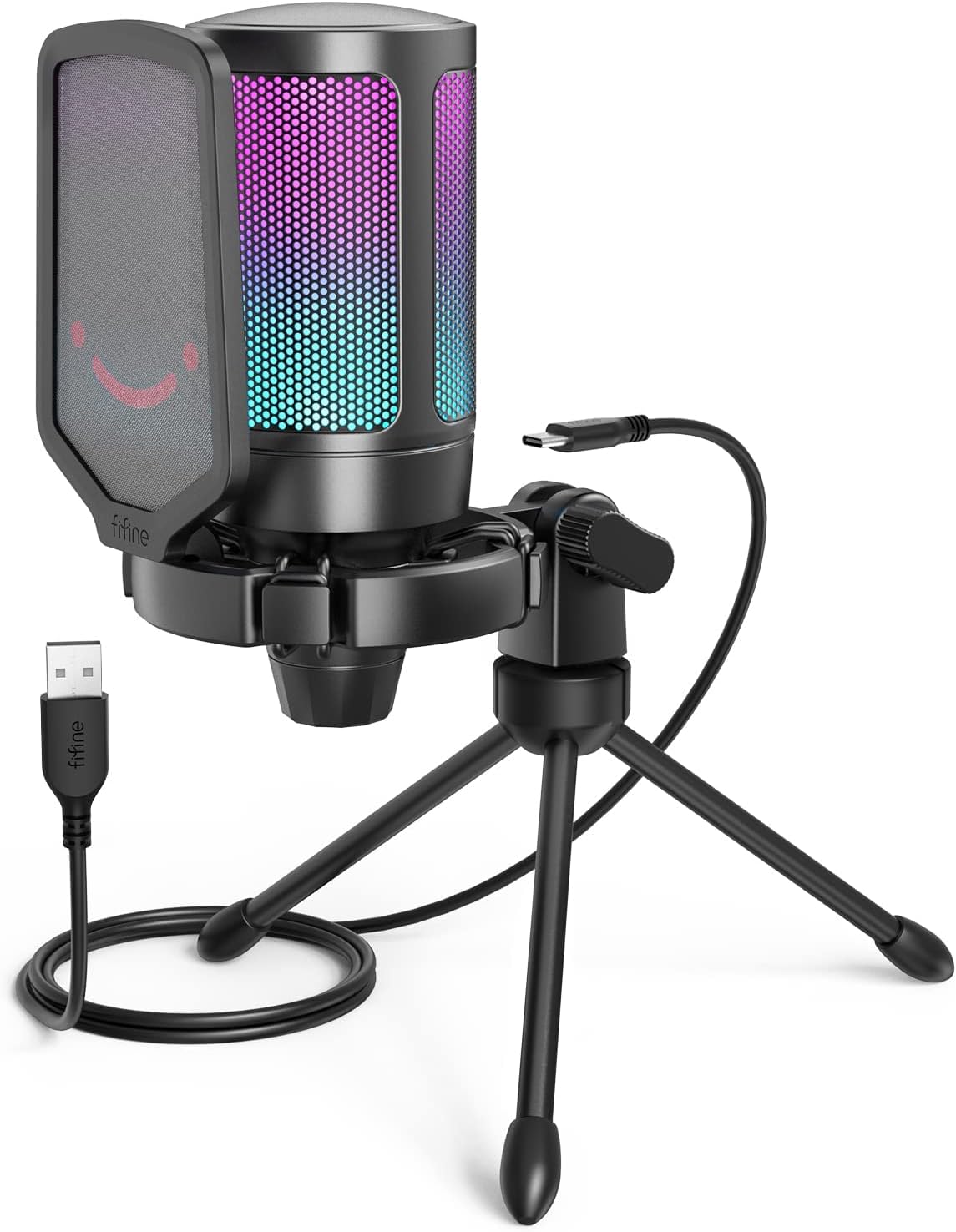 Кондензаторен микрофон FIFINE A6, Поп филтър, Тринога, 2м USB кабел, RGB преливане, Mute бутон, Черен